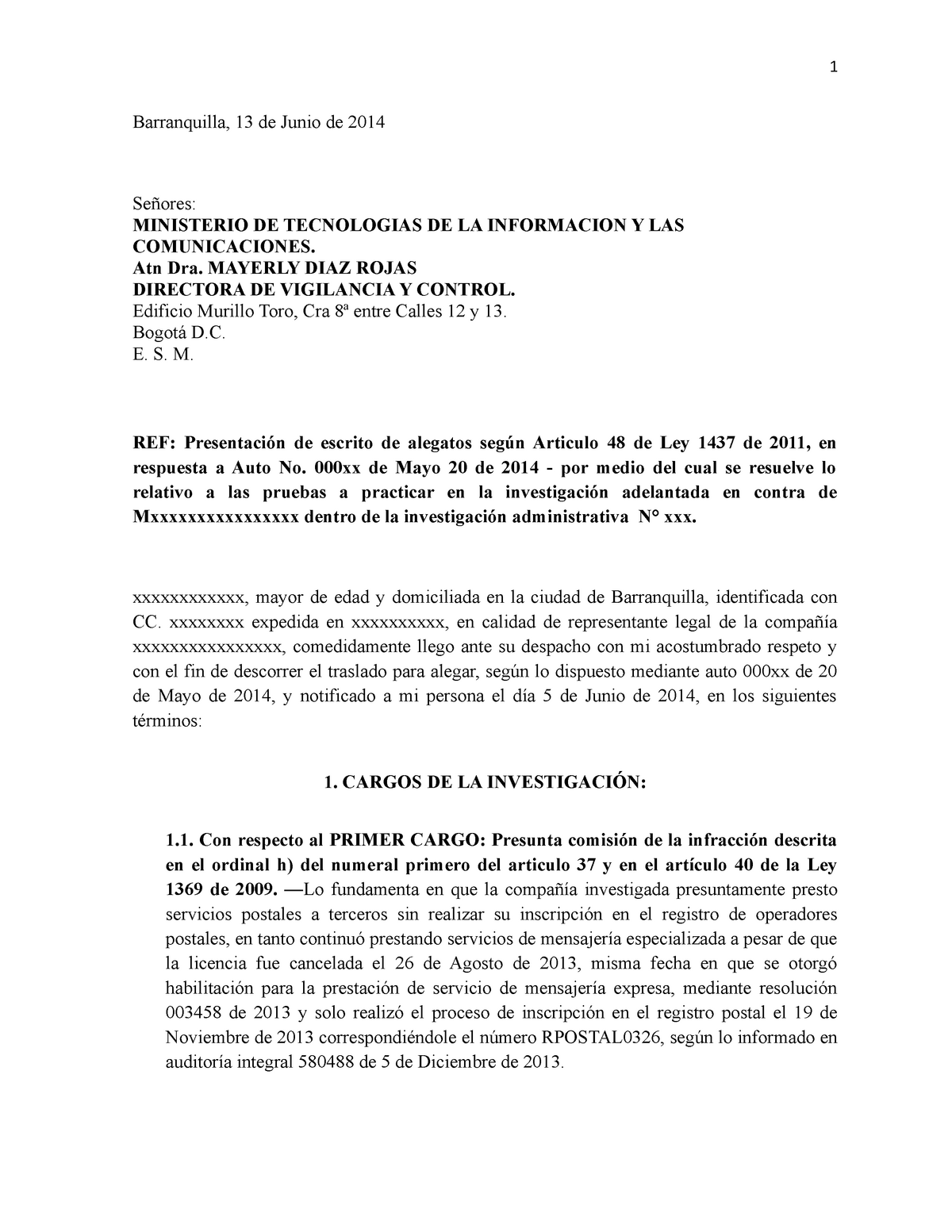 Modelo alegatos de conclusión - Barranquilla, 13 de Junio de 2014 Señores:  MINISTERIO DE TECNOLOGIAS - Studocu