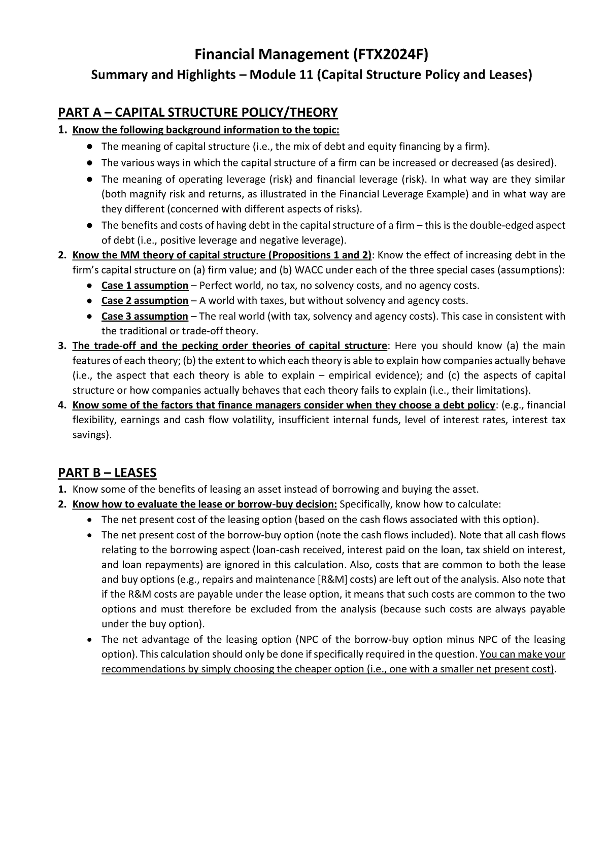 Module 11 Capital Structure and Leases - Summary and Highlights ...