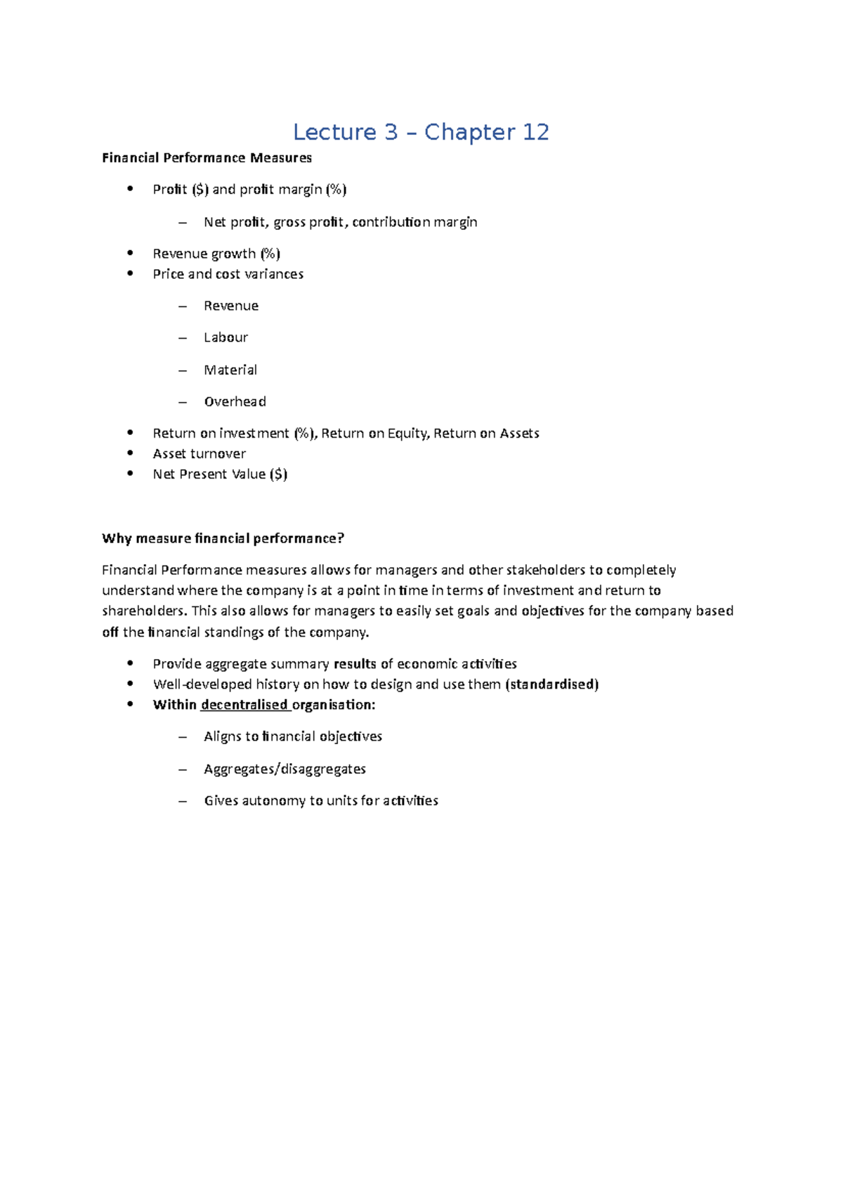 Lecture 3 Notes - Lecture 3 – Chapter 12 Financial Performance Measures ...