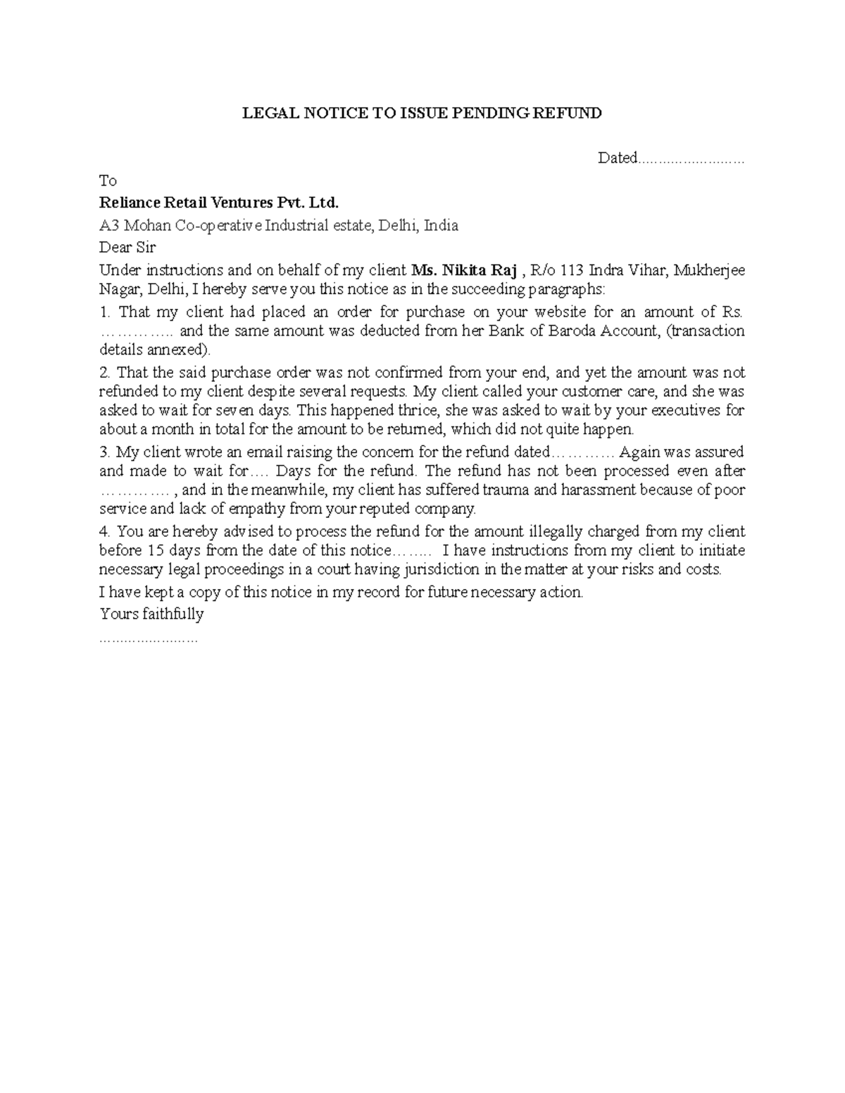 Notice draft - LEGAL NOTICE TO ISSUE PENDING REFUND Dated ...