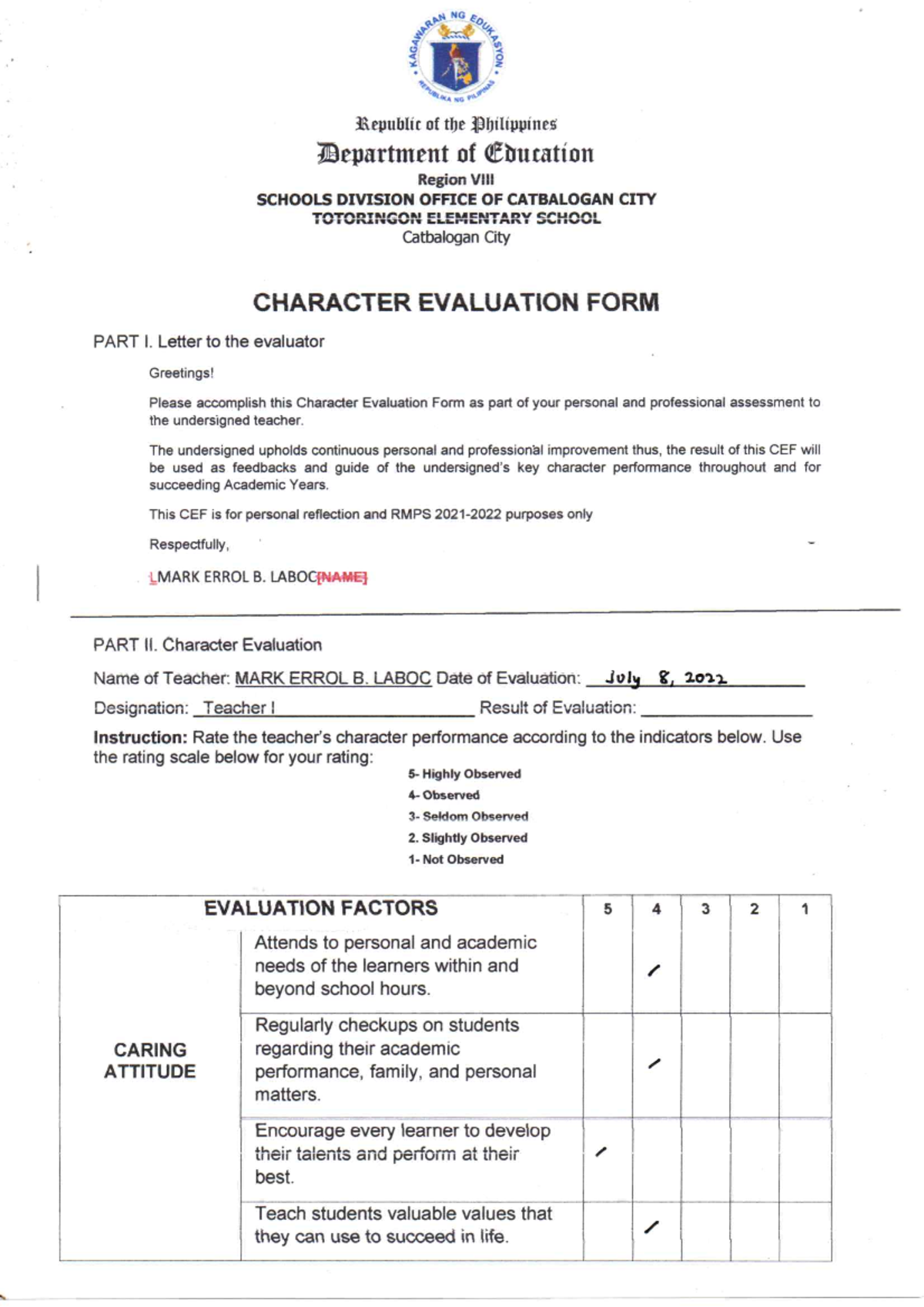 Character Evaluation Form Page1 - Education - Studocu