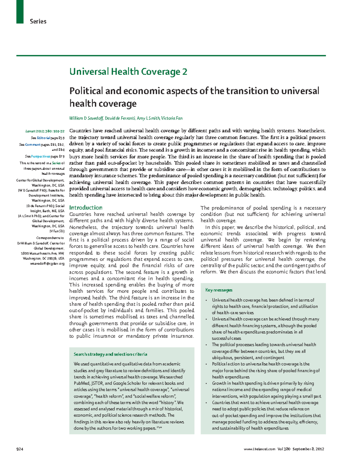 Political and economic aspects of the transition to universal health ...