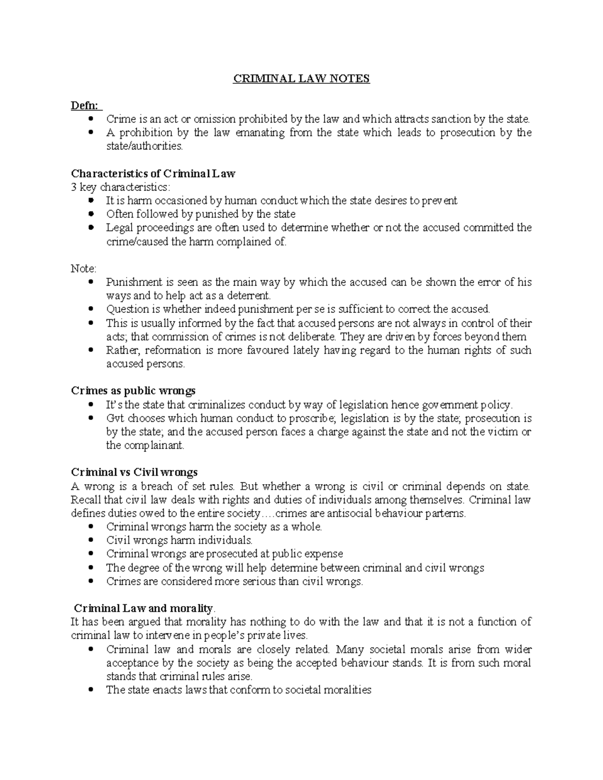 Criminal LAW Class Notes-2024-25 - CRIMINAL LAW NOTES Defn: Crime is an ...