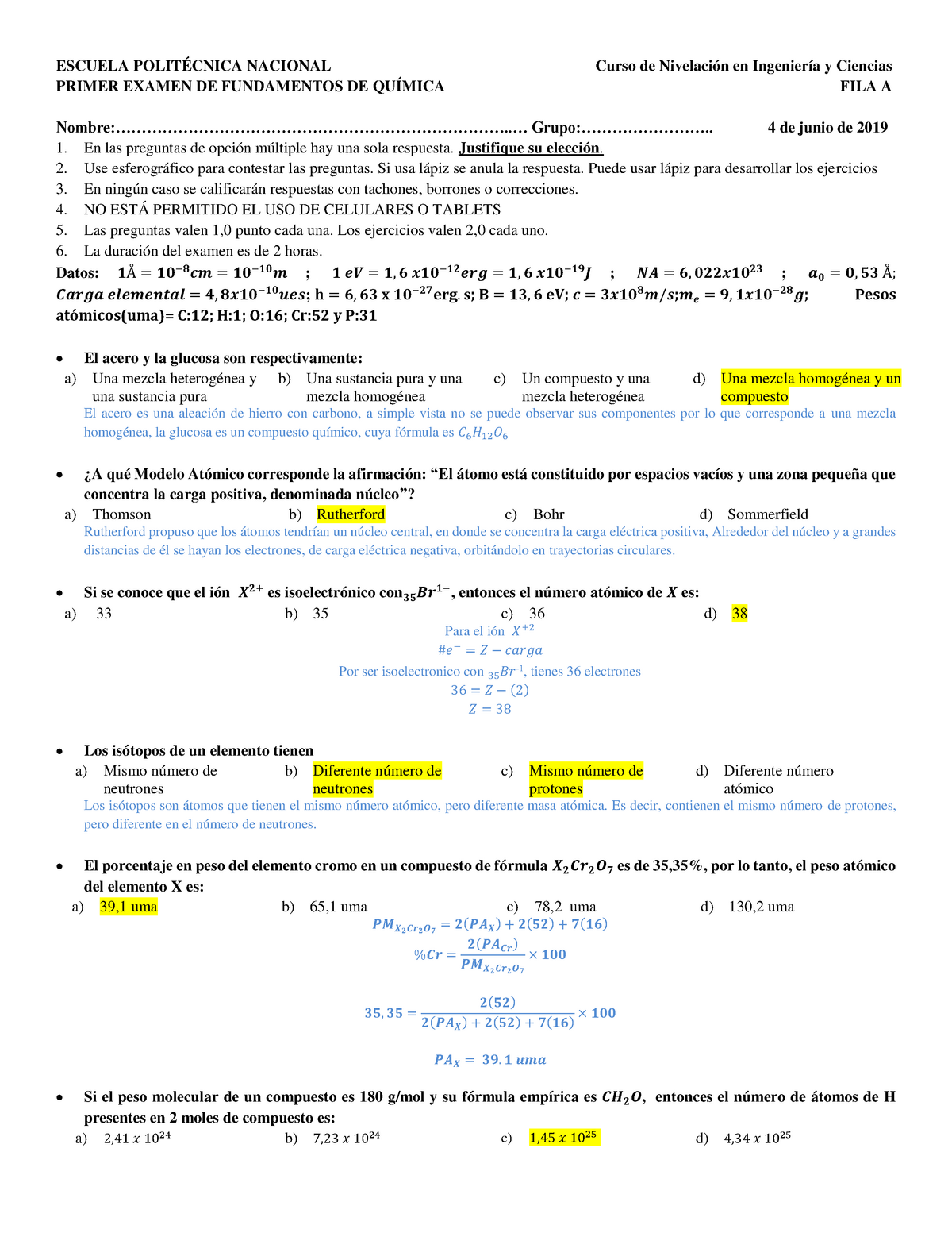 Examen 1 B1 Ingeniería 2019-A - ESCUELA POLITÉCNICA NACIONAL Curso De ...