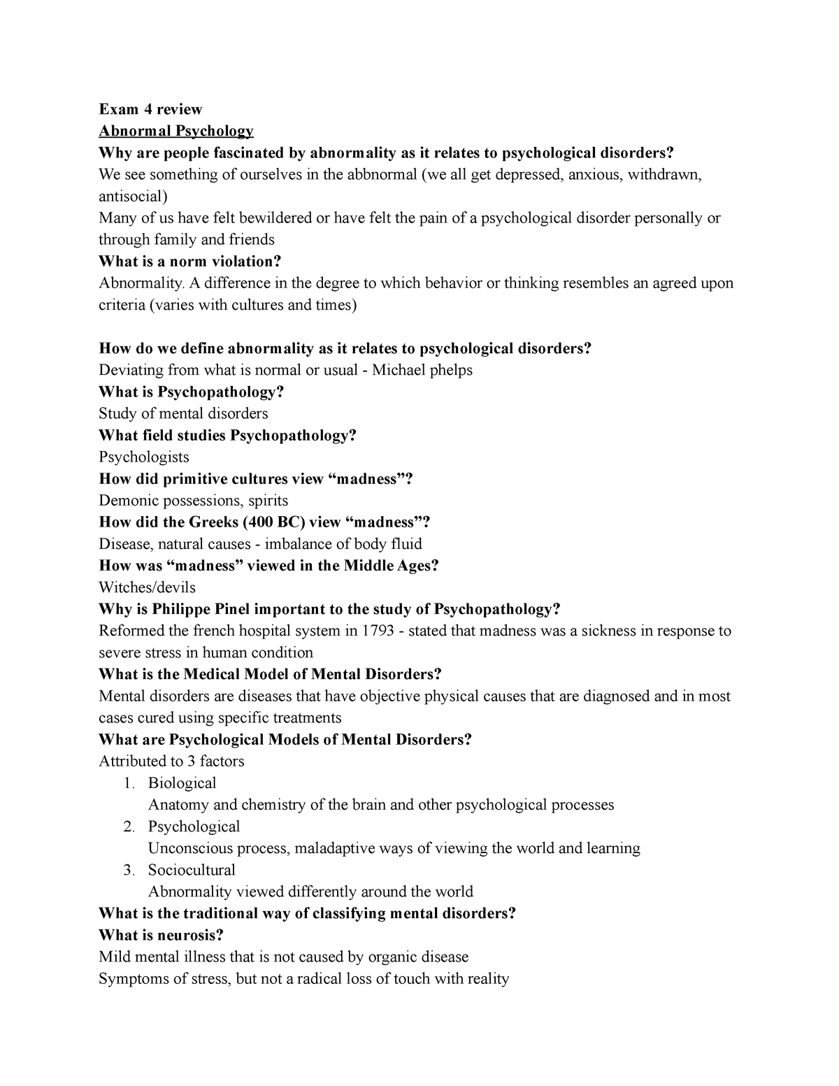 Psy100 Exam 4 Review Sheet - Exam 4 review Abnormal Psychology Why are ...