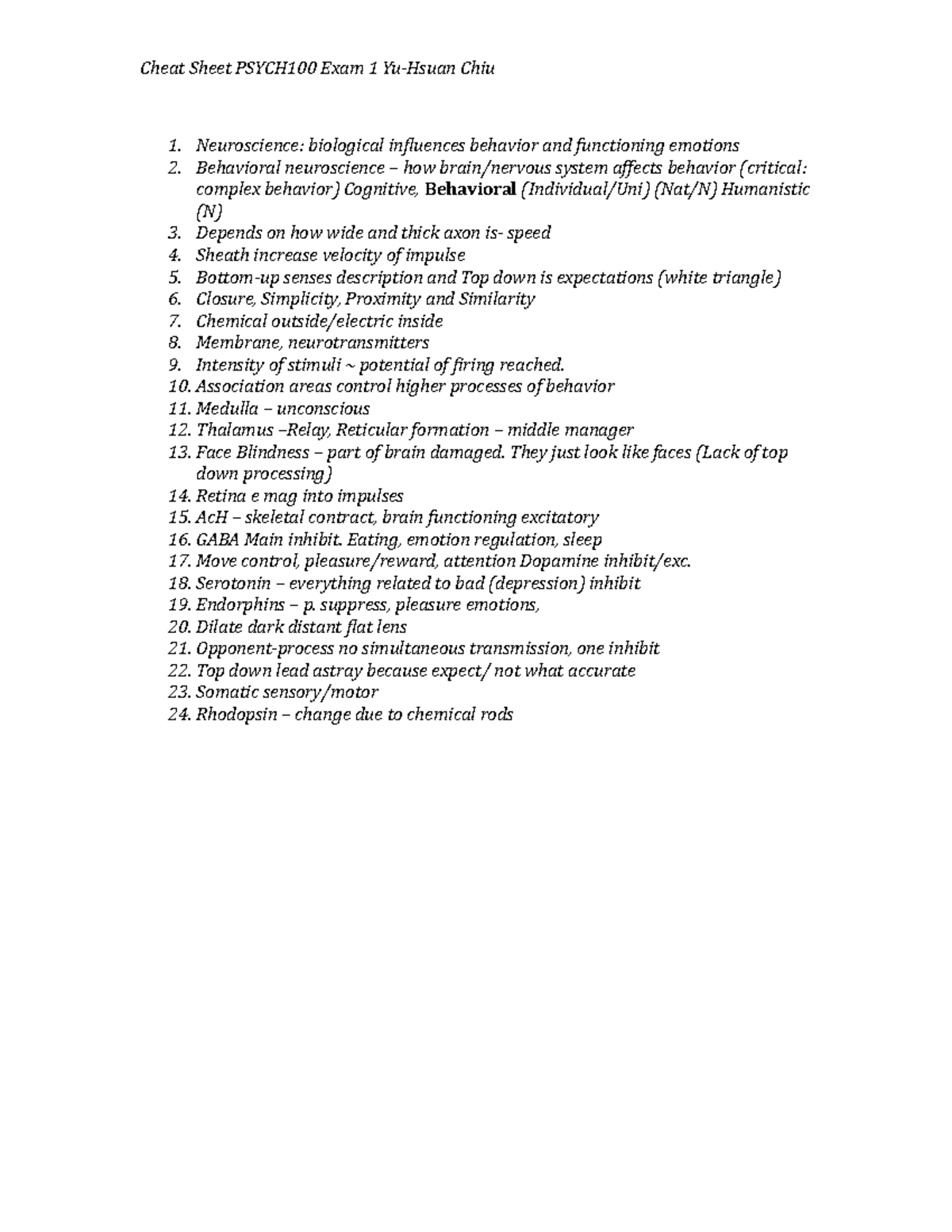 Cheat Sheet EXAM 1 - Cheat Sheet PSYCH100 Exam 1 Yu-Hsuan Chiu 1 ...