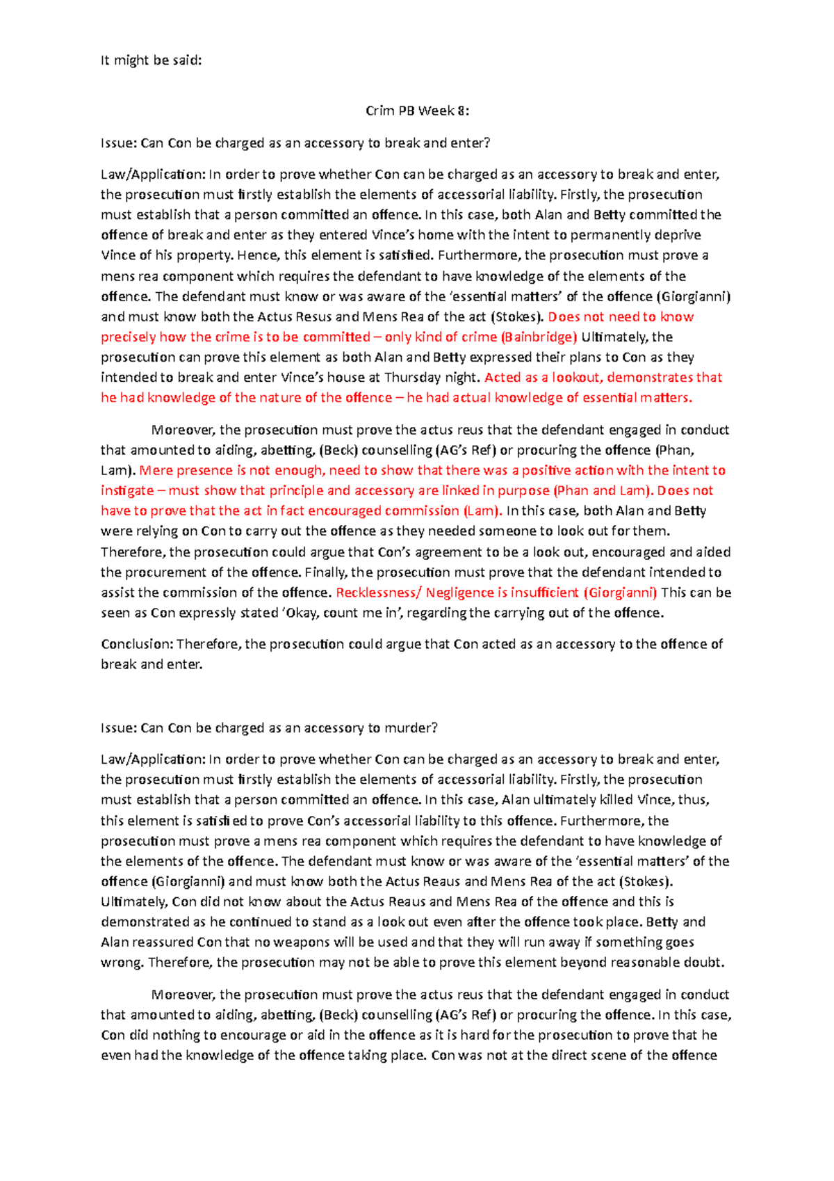 Crim PB Week 8 - Criminal Law and Procedure B Problem Question - It ...