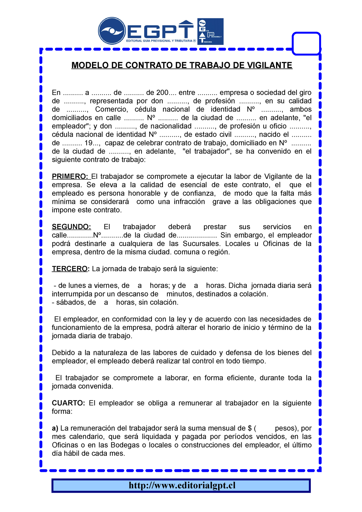 354119048 Modelo DE Contrato DE Trabajo DE Vigilante doc - MODELO DE  CONTRATO DE TRABAJO DE - Studocu