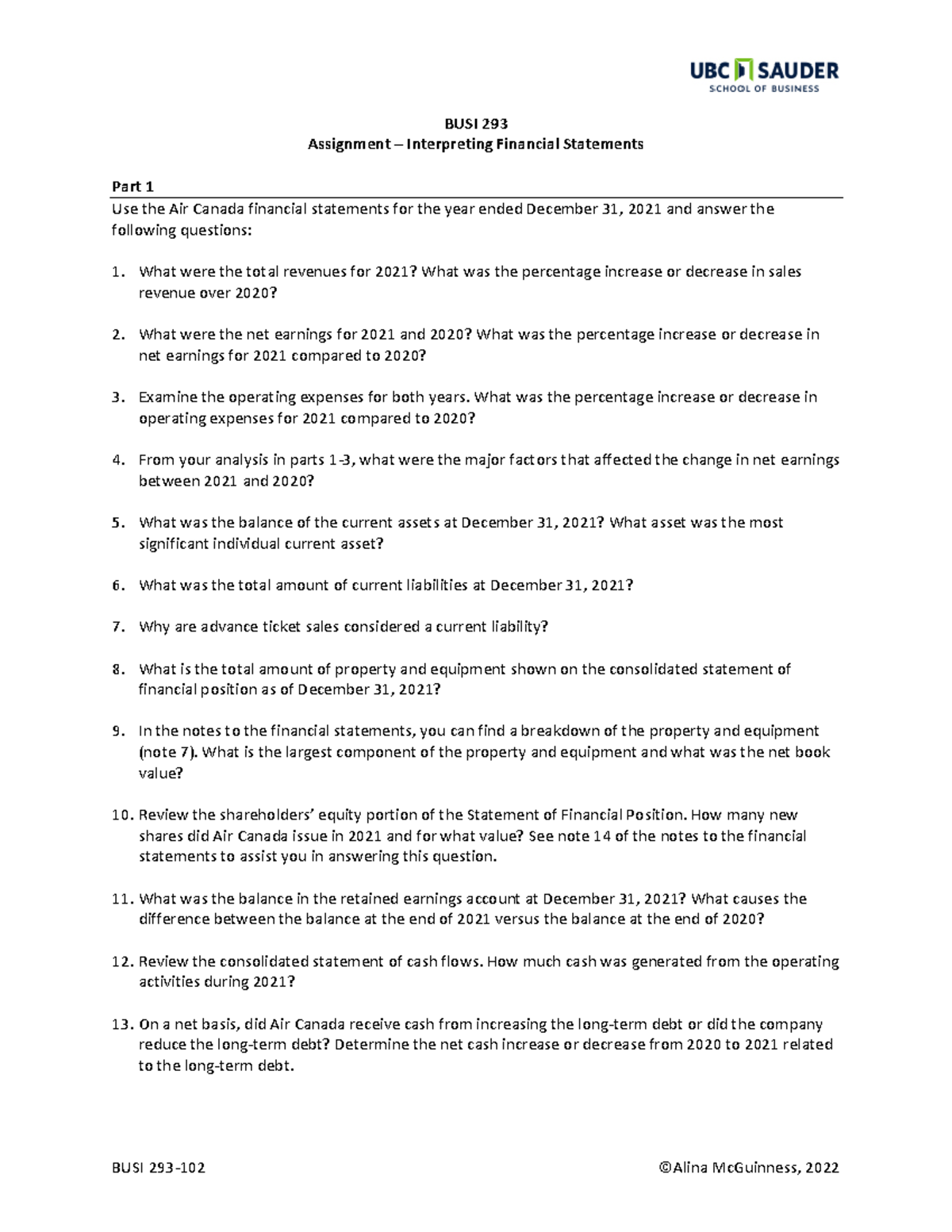 Chapter 1 Assignment Air Canada Analysing Financial Statements