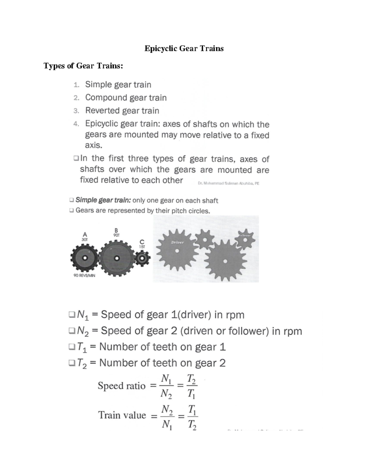 2023-4 Lecture 6 Notes -Epicyclic Gear Trains - Epicyclic Gear Trains ...
