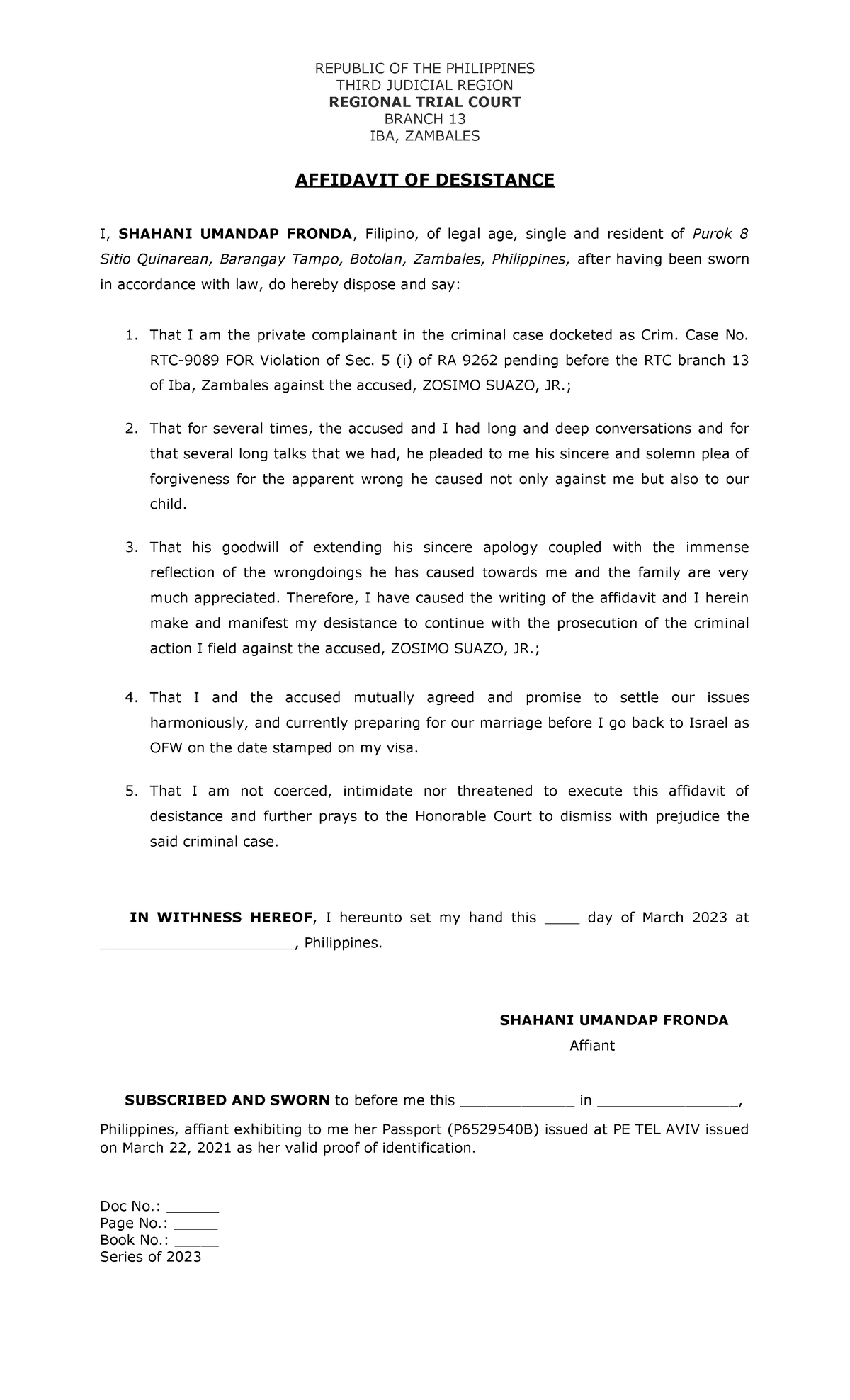 Affidavit of Desistance - REPUBLIC OF THE PHILIPPINES THIRD JUDICIAL ...