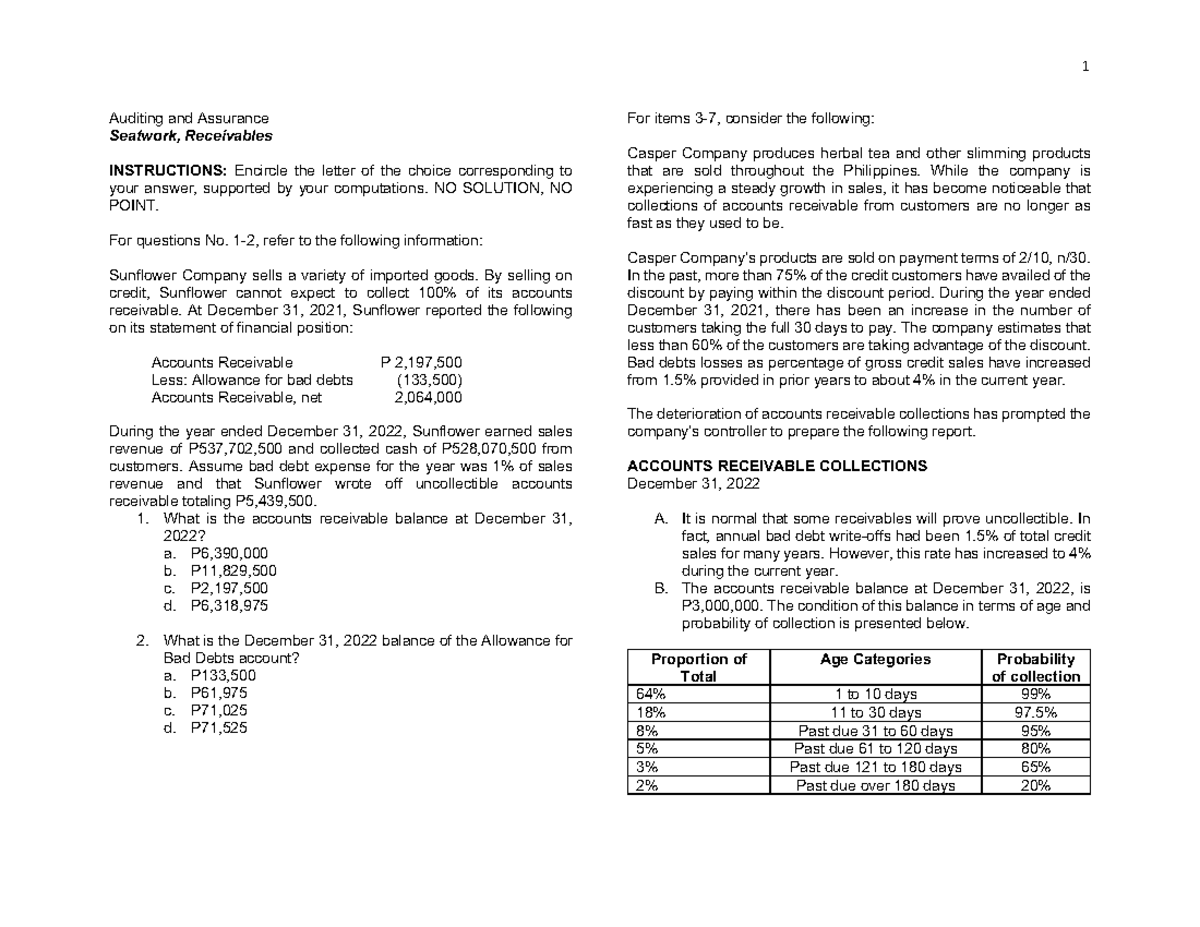 Quiz Receivables Practice Materials Auditing And Assurance Seatwork Receivables Quiz Receivables Practice Materials Auditing And Assurance Seatwork Receivables