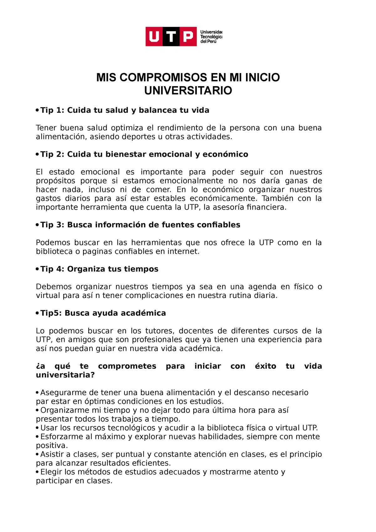 Ivu Actividad Mis Compromisos En Mi Inicio Universitario Tip Cuida Tu Salud Y Balancea Tu