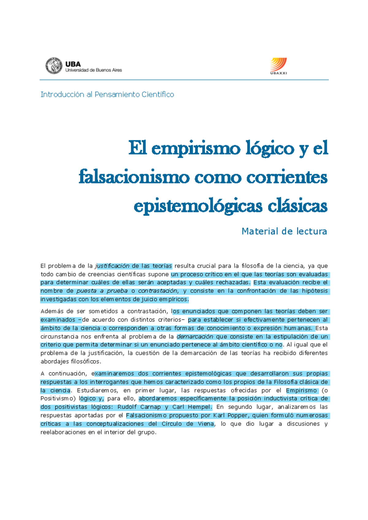 IPC Material De Lectura El Empirismo Lógico Y El Falsacionismo Como ...