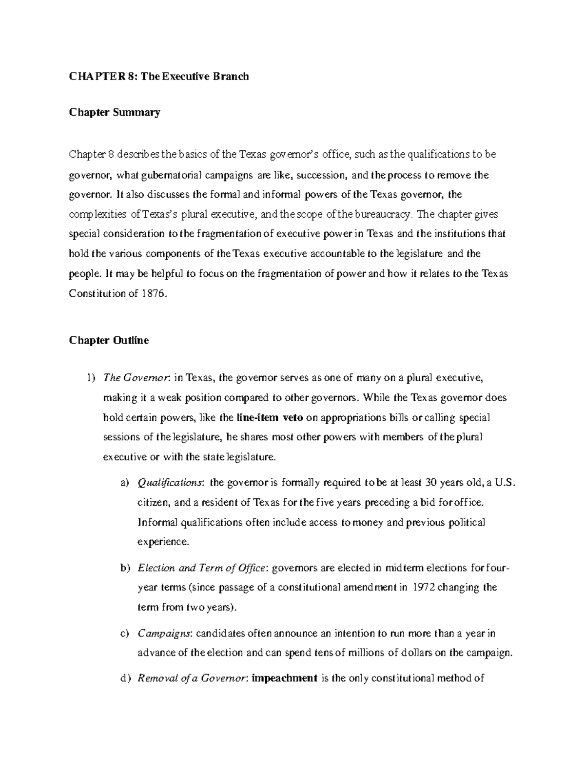 Govtex 5 Outline Summary CH08 CHAPTER 8 The Executive Branch Chapter