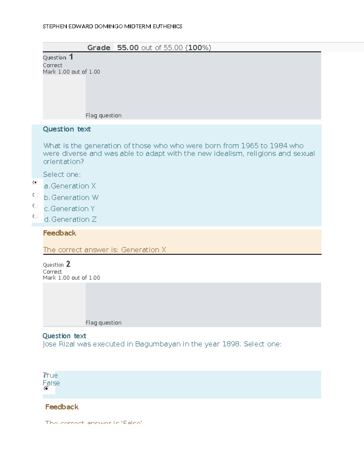 Euthenics 2 Midterm Exam - Feedback The Correct Answer Is 'False'. Flag ...