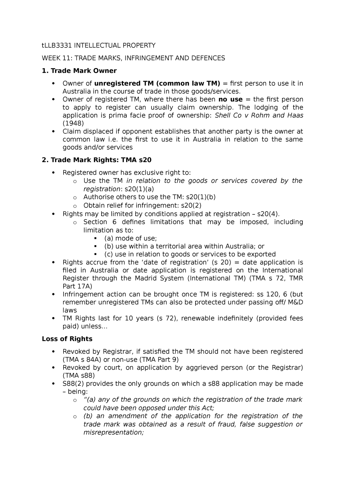 Week 11 Trade Mark Rights Infringement and Defences tLLB3331