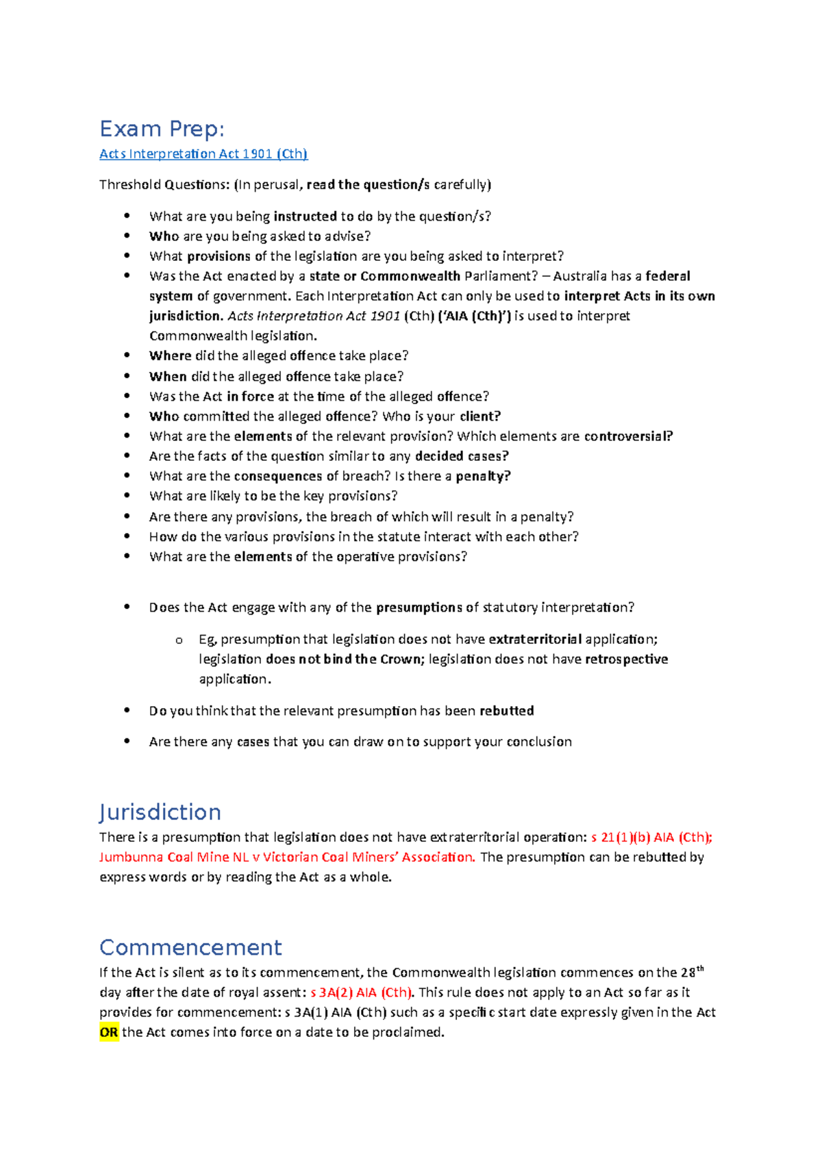 Exam Preparation - Got a 7 - Exam Prep: Acts Interpretation Act 1901 ...