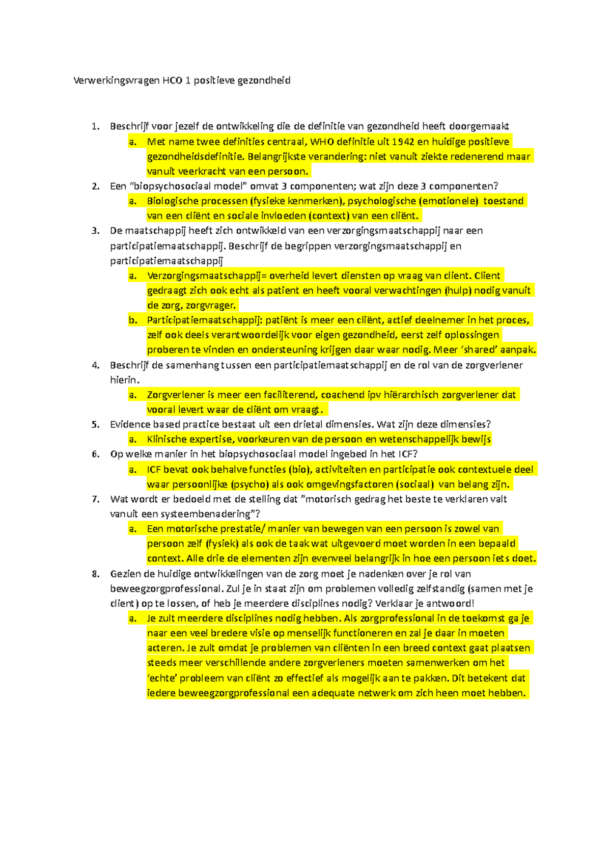 HCO4 Positieve gezondheid - verwerkingsvragen met antw ...