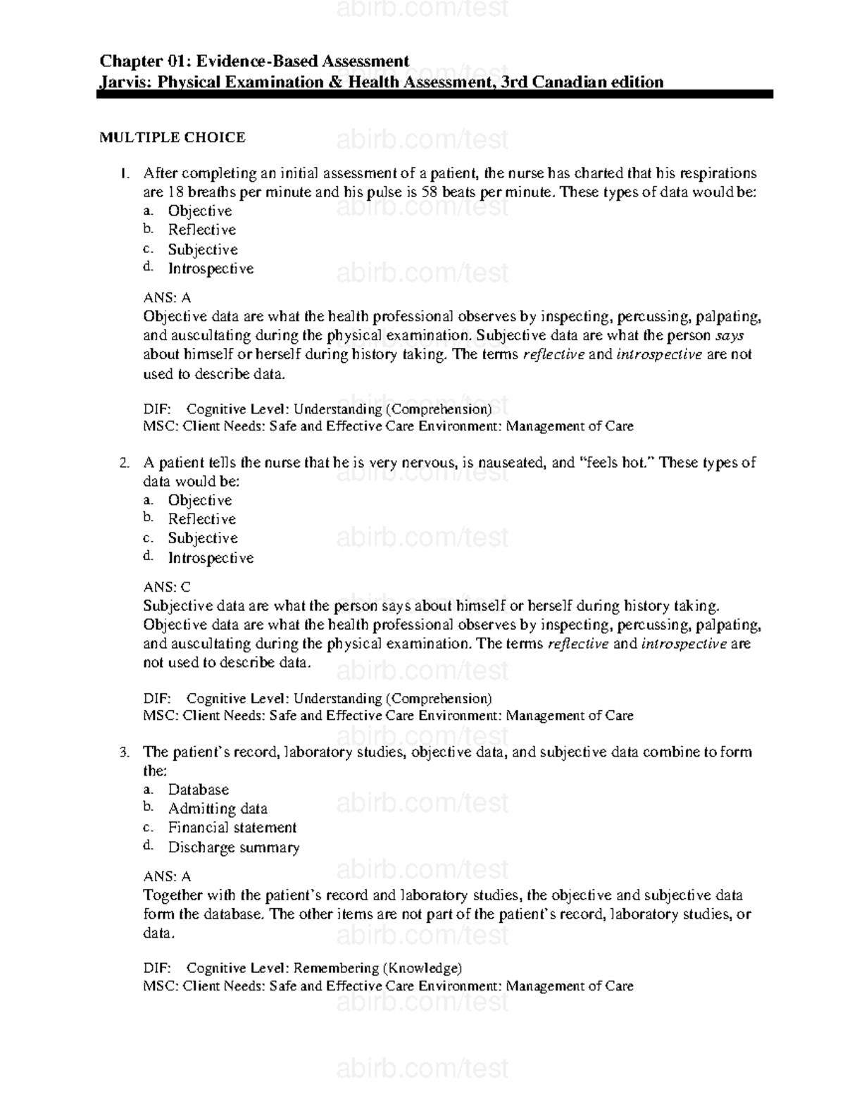 Test Bank #01. Pysical Examination And Health Assessment - Chapter 01 ...