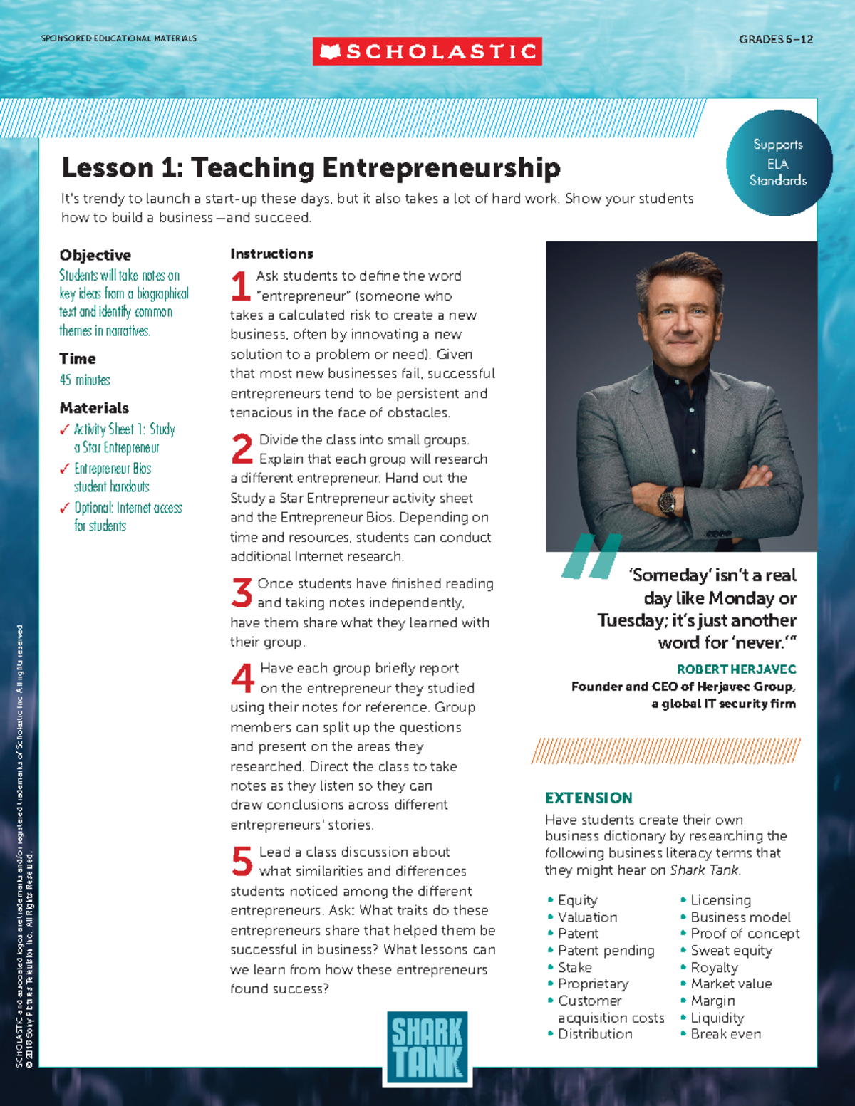 Shark Tank Teaching Guide - Lesson 1: Teaching Entrepreneurship ...