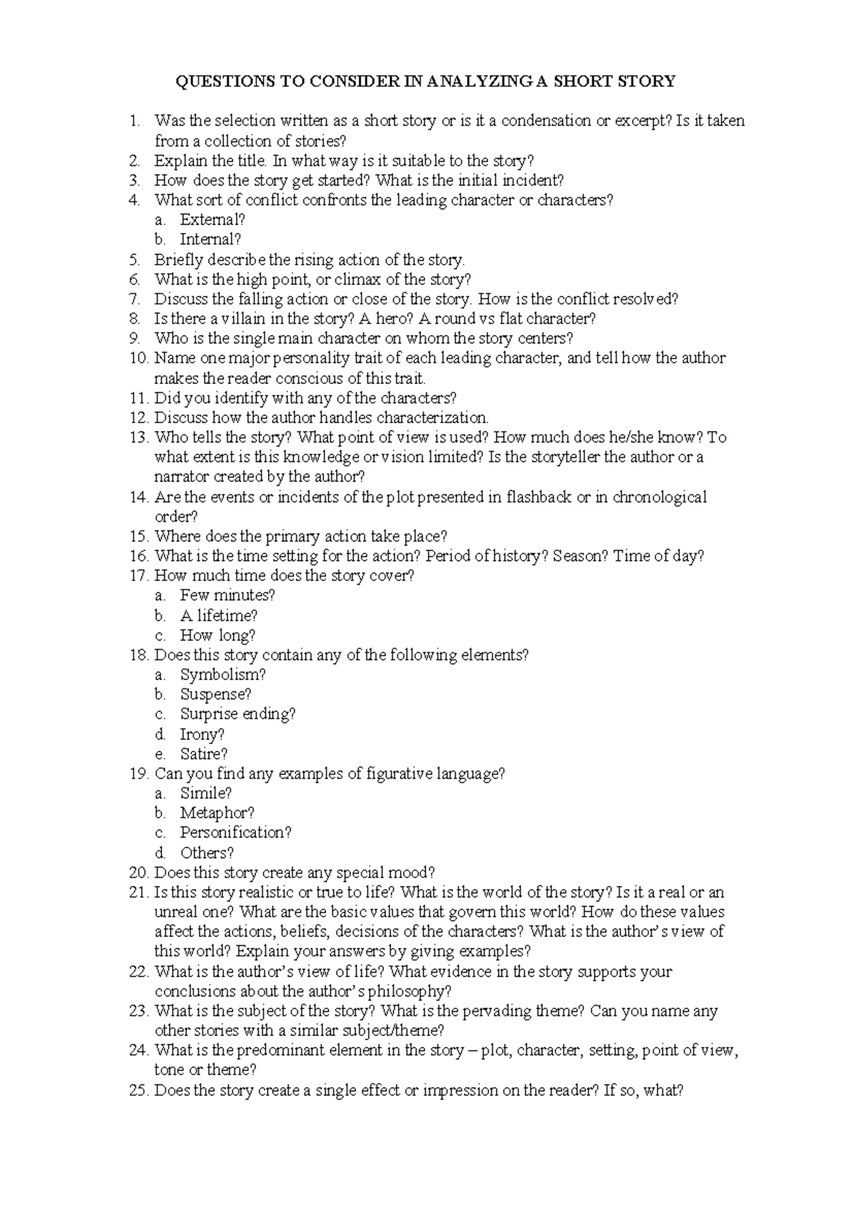 25 Questions to consider - QUESTIONS TO CONSIDER IN ANALYZING A SHORT ...