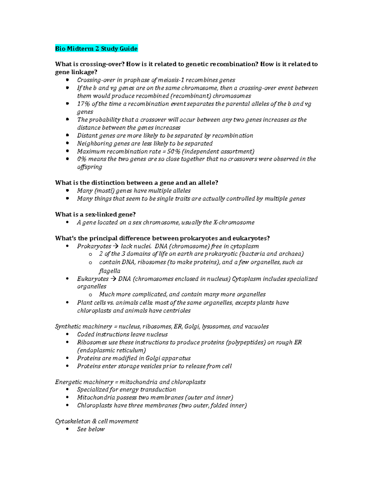 Bio Midterm 2 Study Guide - Bio Midterm 2 Study Guide What Is Crossing ...