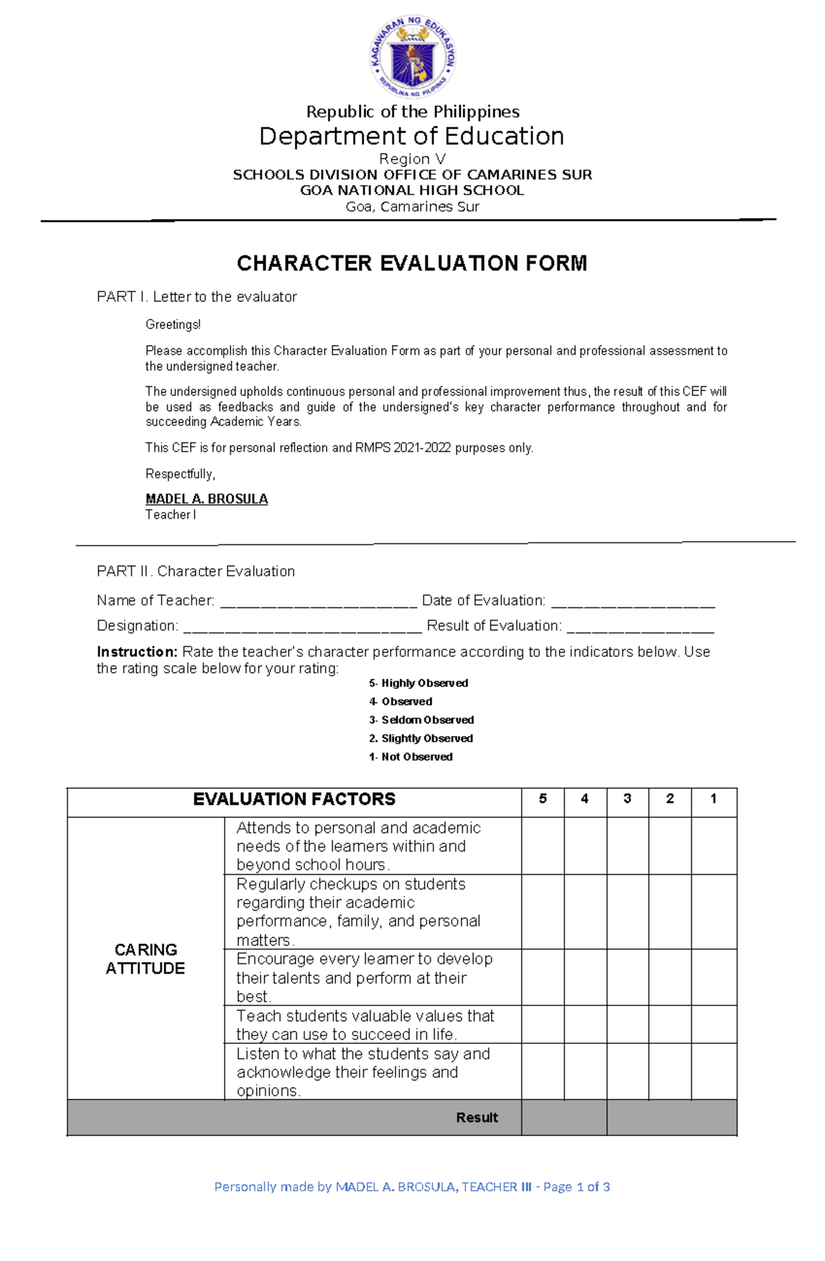 Character Evaluation FORM - Republic of the Philippines Department of ...