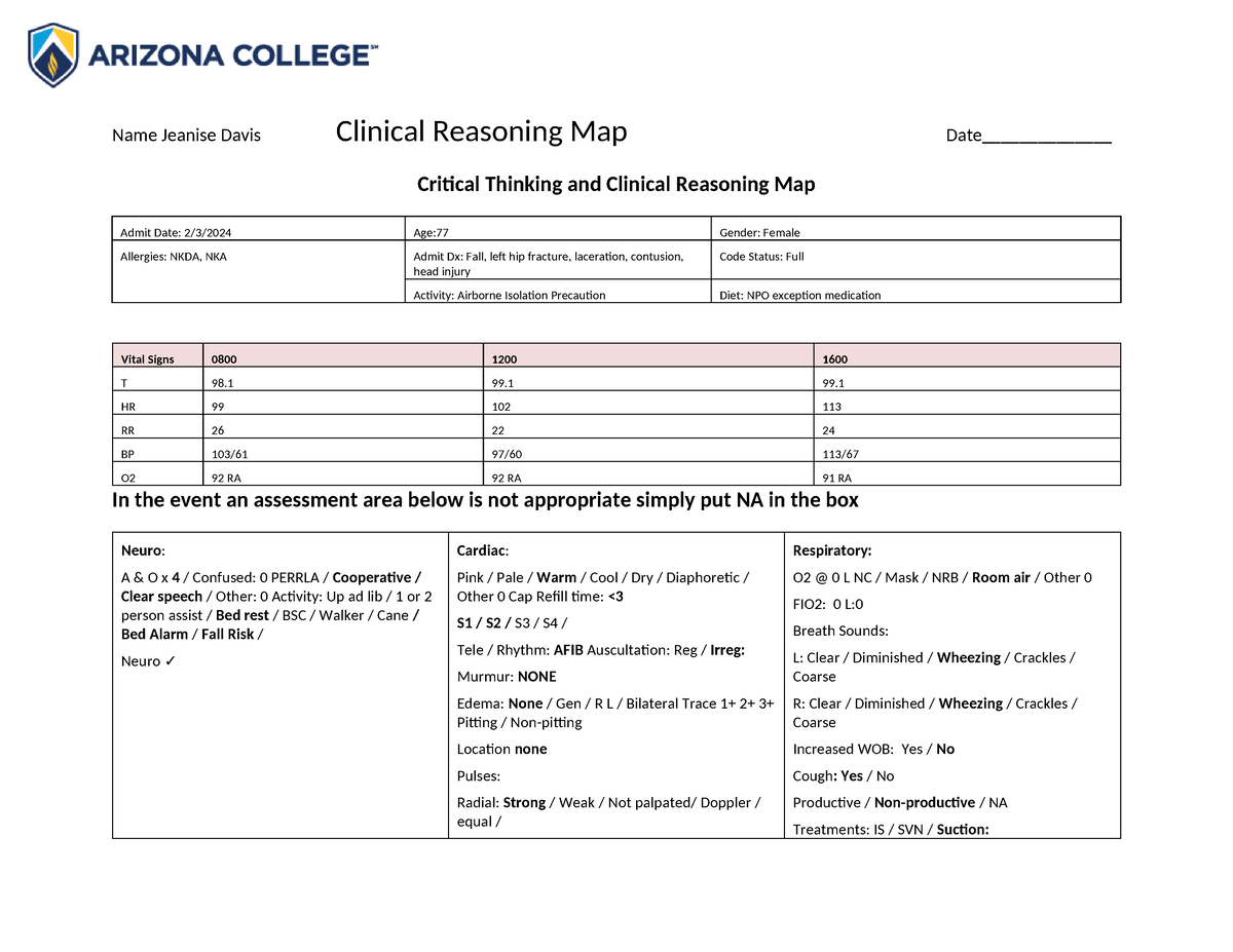 Med surg 3 clinical map - critical map - Critical Thinking and Clinical ...