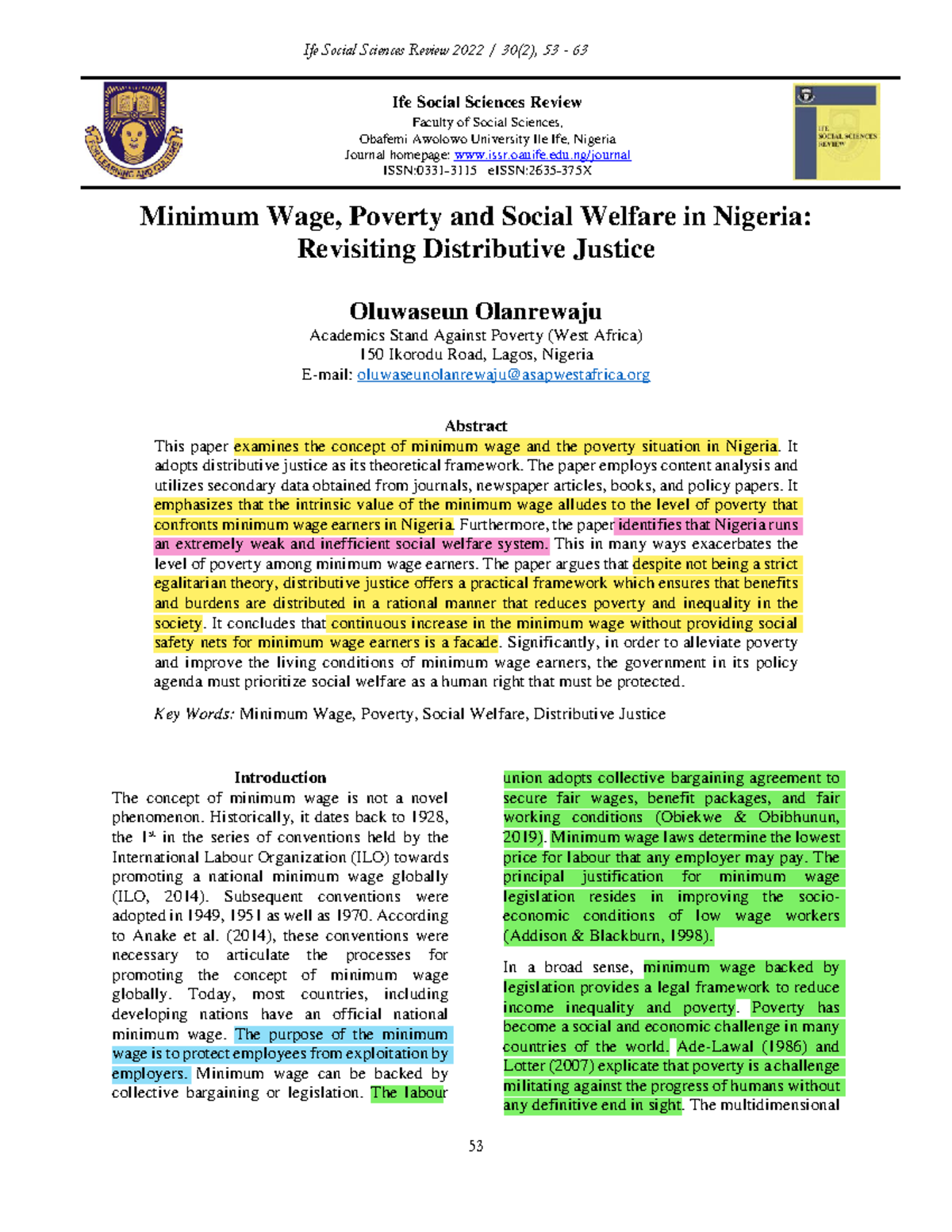 Minimum wage - contoh article - Ife Social Sciences Review Faculty of ...