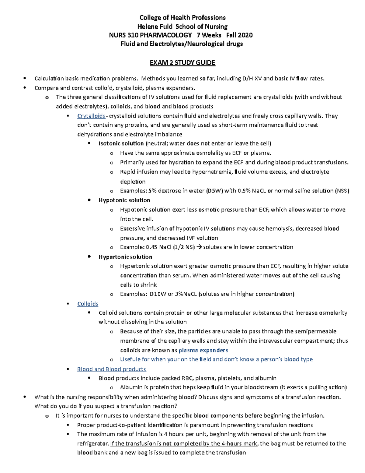 310 study guide Exam 2 2020 - College of Health Professions Helene Fuld ...