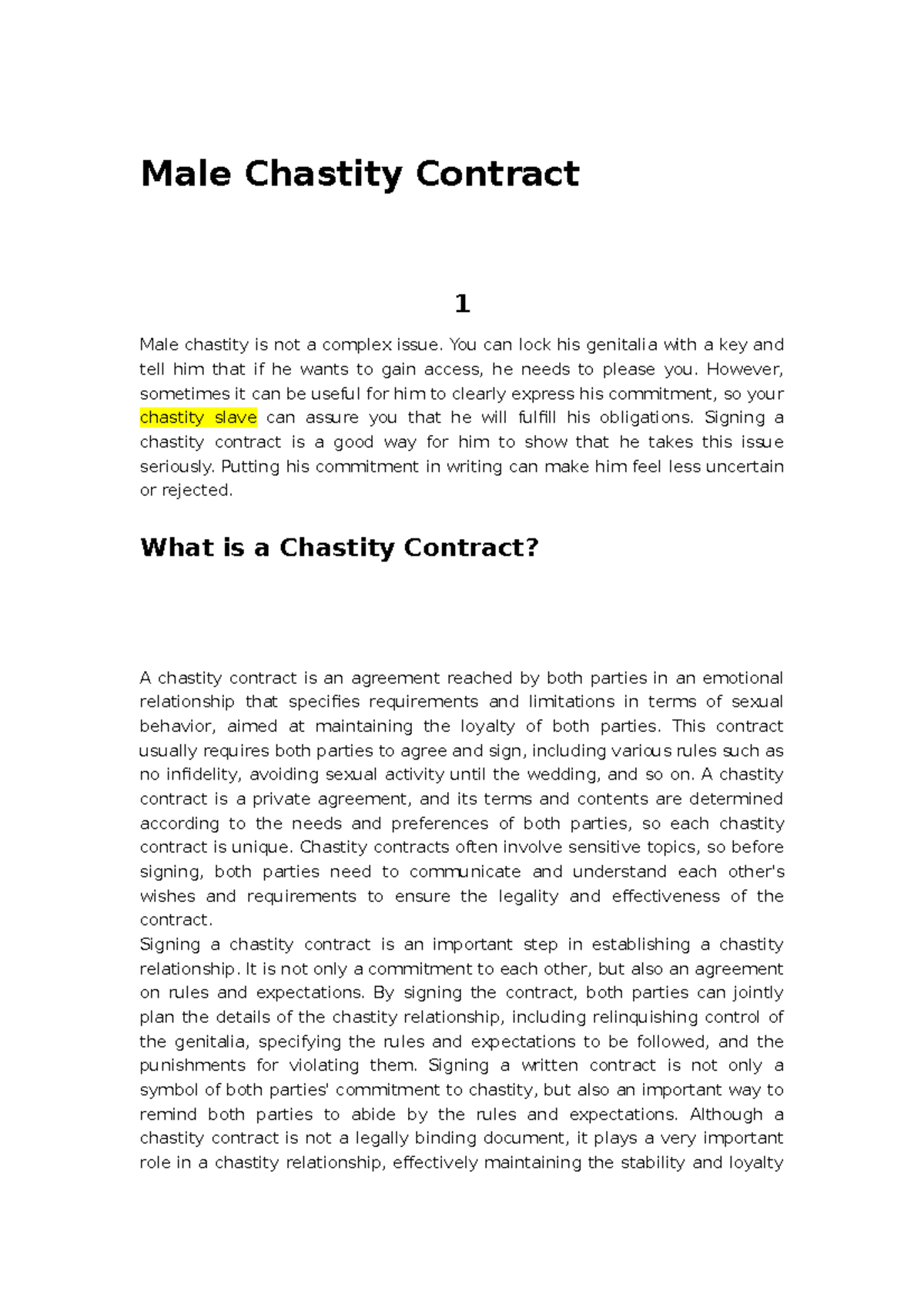 Chastity 合同 - icock-1 - Male Chastity Contract 1 Male chastity is not a  complex issue. You can lock - Studocu