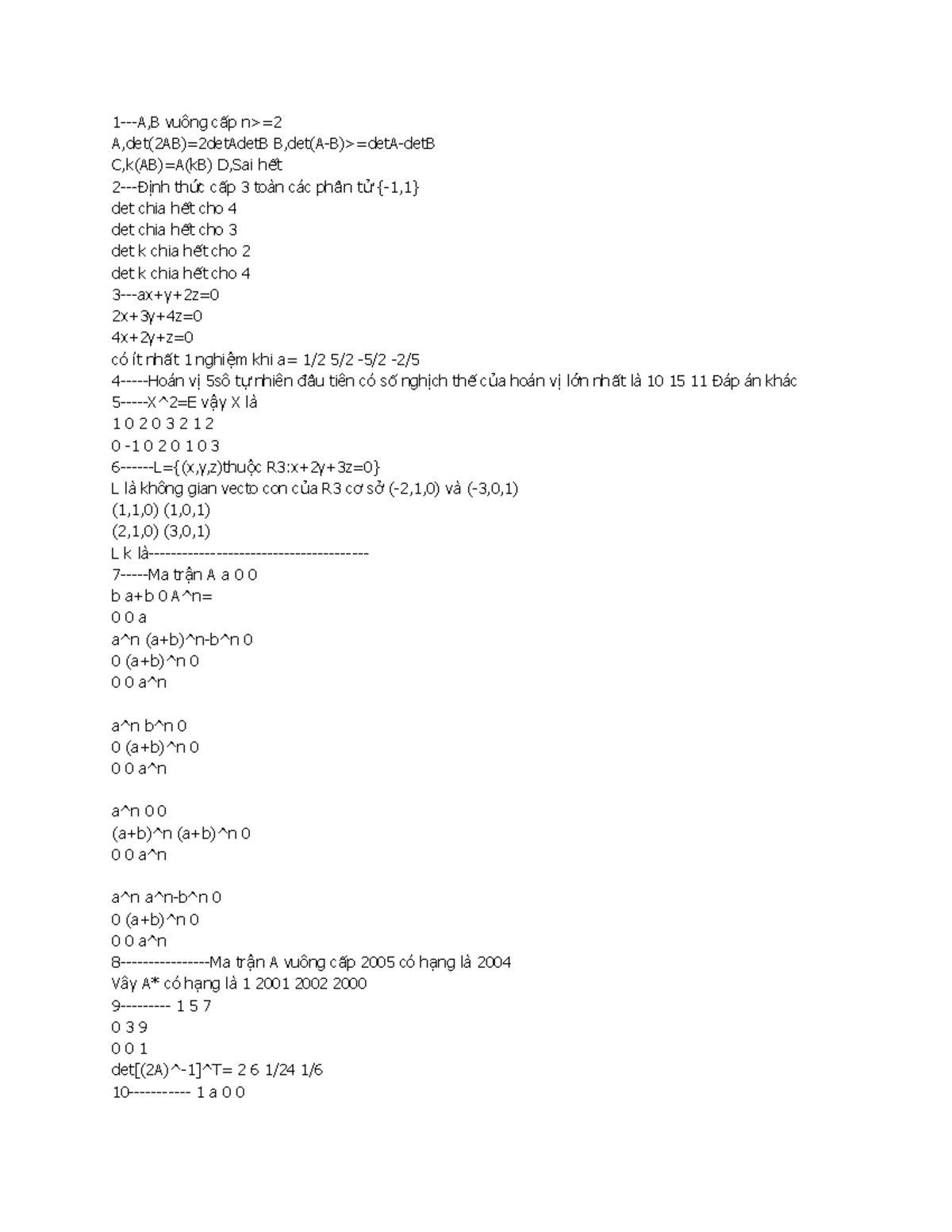 Examen 18 Mayo 2012, preguntas y respuestas - 1-A,B vuông cấp n>= A,det ...
