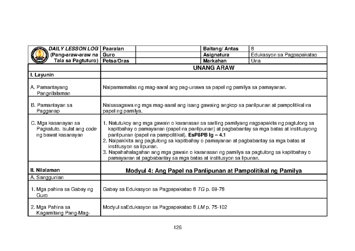 DLL ESP 8 Modyul 4 - Dll Esp Module 8 - DAILY LESSON LOG Paaralan Na ...