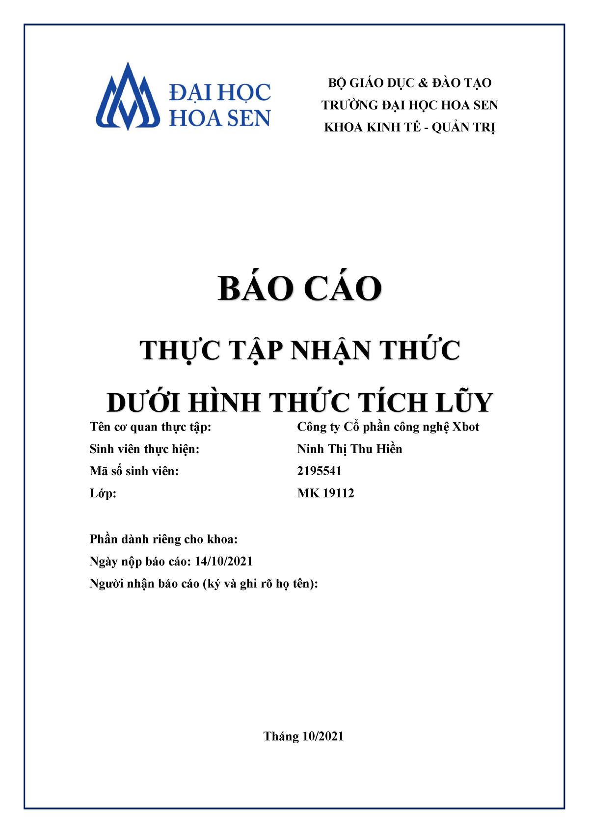 Báo Cáo Thực Tập Tích Lũy - Bộ Giáo Dục &Amp; Đào Tạo Trường Đại Học Hoa  Sen Khoa Kinh Tế - Quản Trị - Studocu