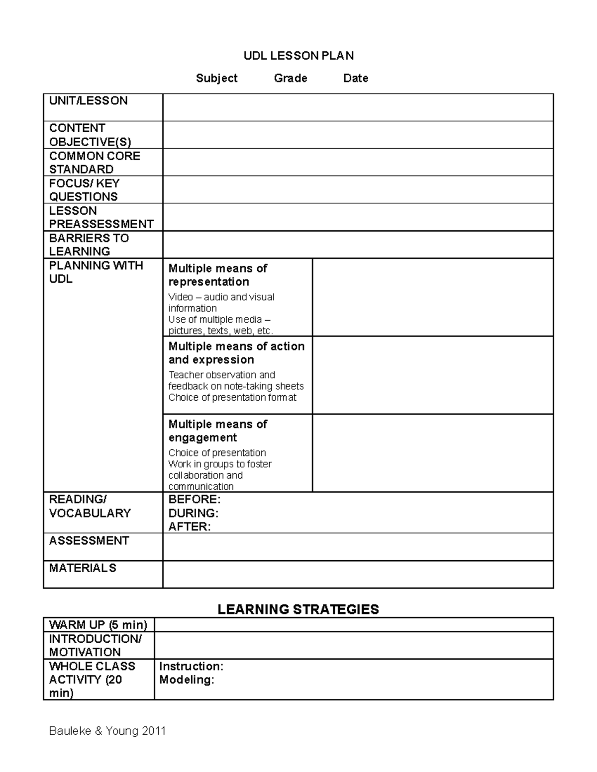 UDL Lesson PLAN H UDL LESSON PLAN Subject Grade Date UNIT/LESSON
