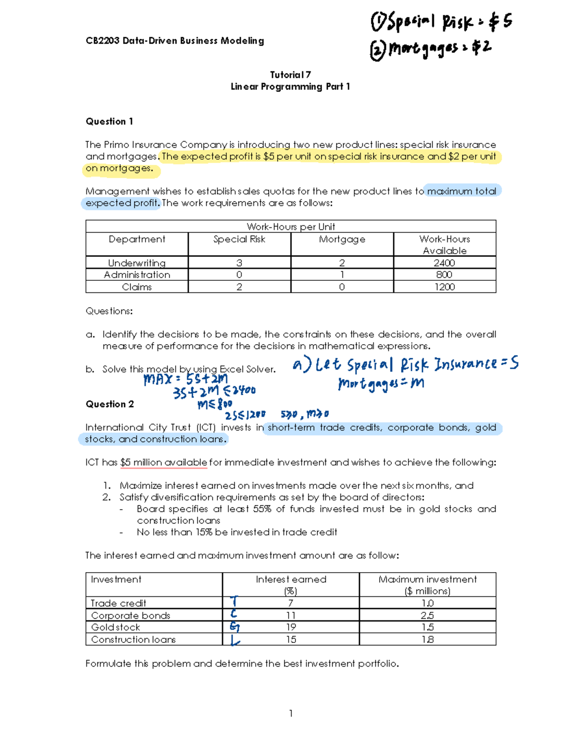 Tutorial 7 LP Part 1t CB2203 DataDriven Business Modeling Tutorial 7