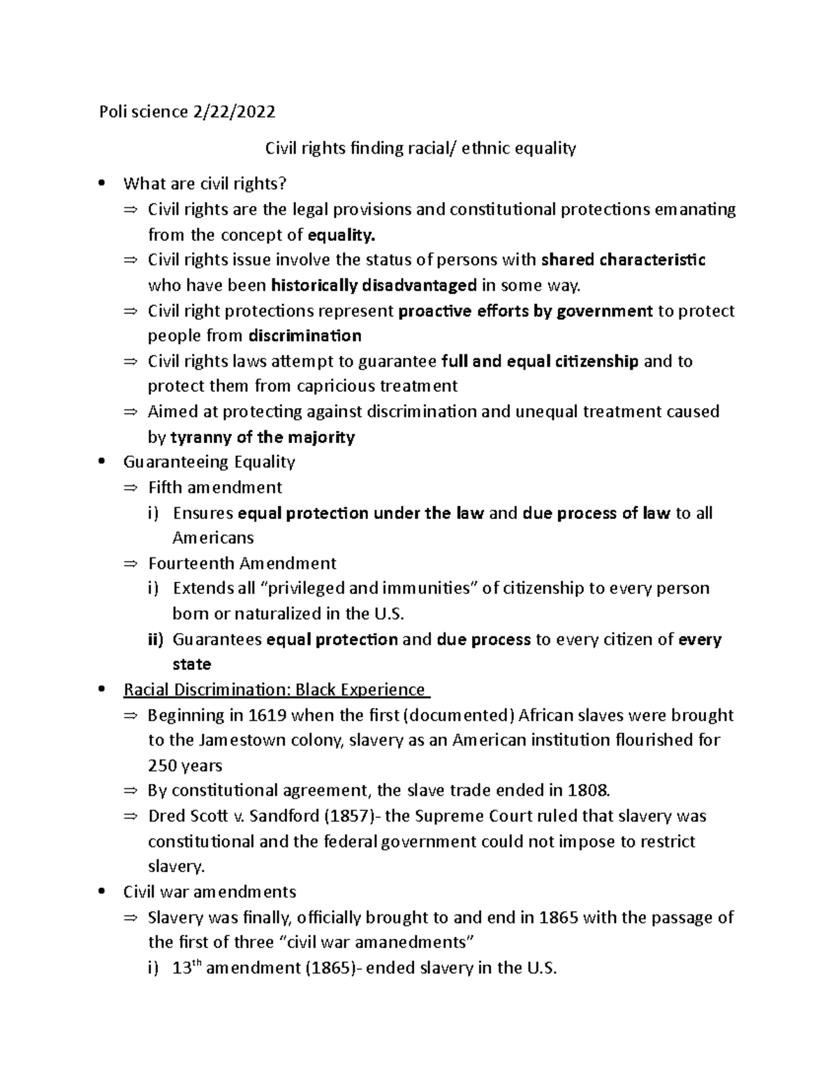 Poli sci 2-22-22 - lecture notes - Poli science 2/22/ Civil rights ...