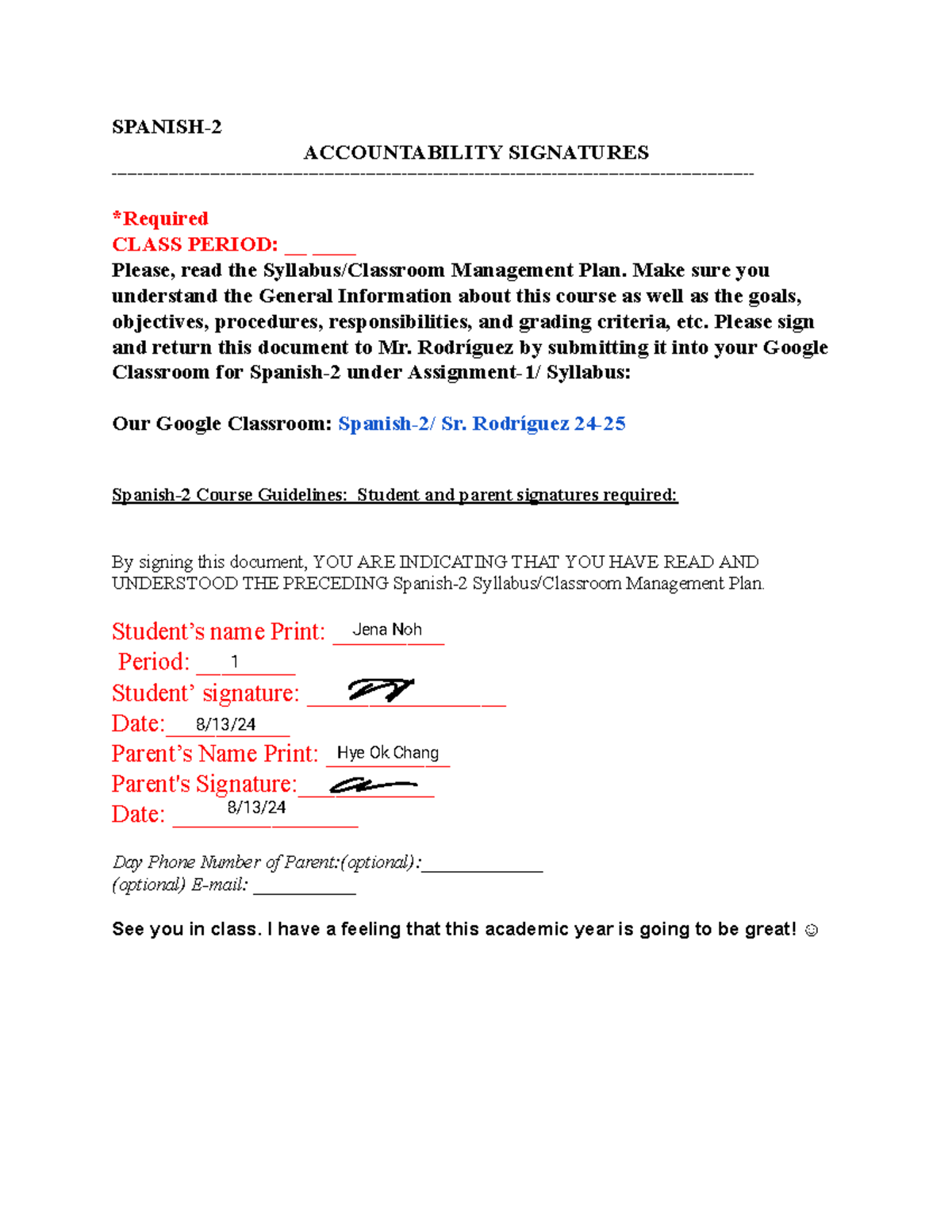Spanish - nnnnn - SPANISH- ACCOUNTABILITY SIGNATURES - *Required CLASS ...