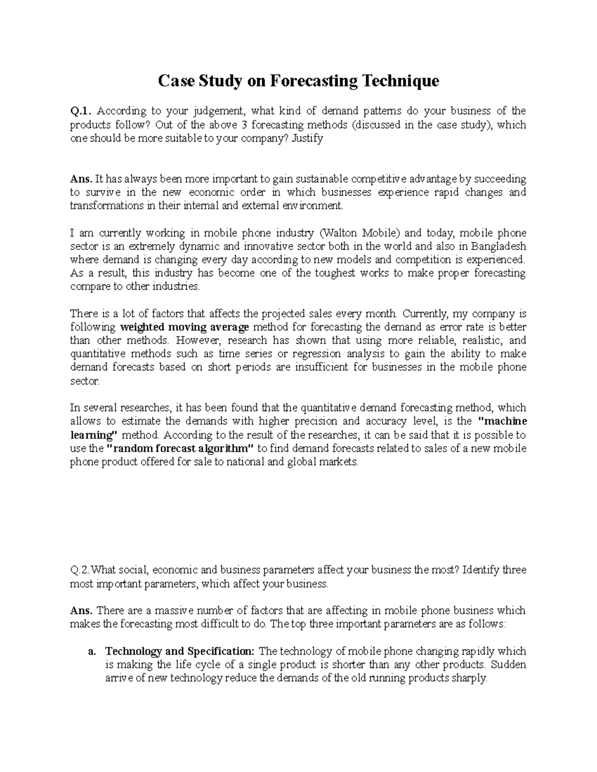 Case Study on Forecasting Technique of mana Case Study on Forecasting