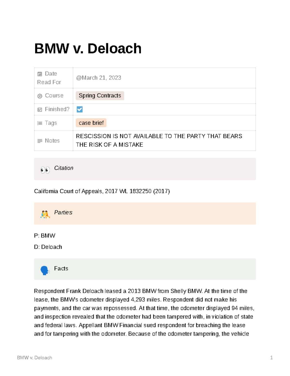 BMW - Case Brief - BMW v. Deloach Date Read For Course Spring Contracts ...