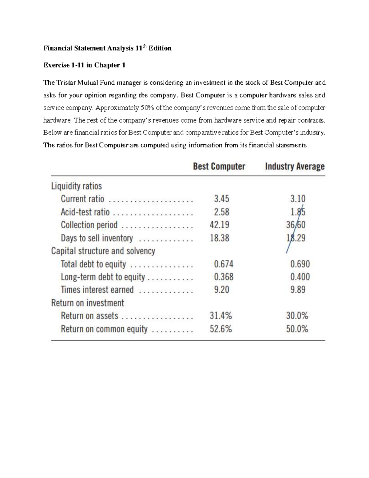 Financial Statement Analysis 11th Edition Solution Manual Problem 1 11 Chapter 1 Financial