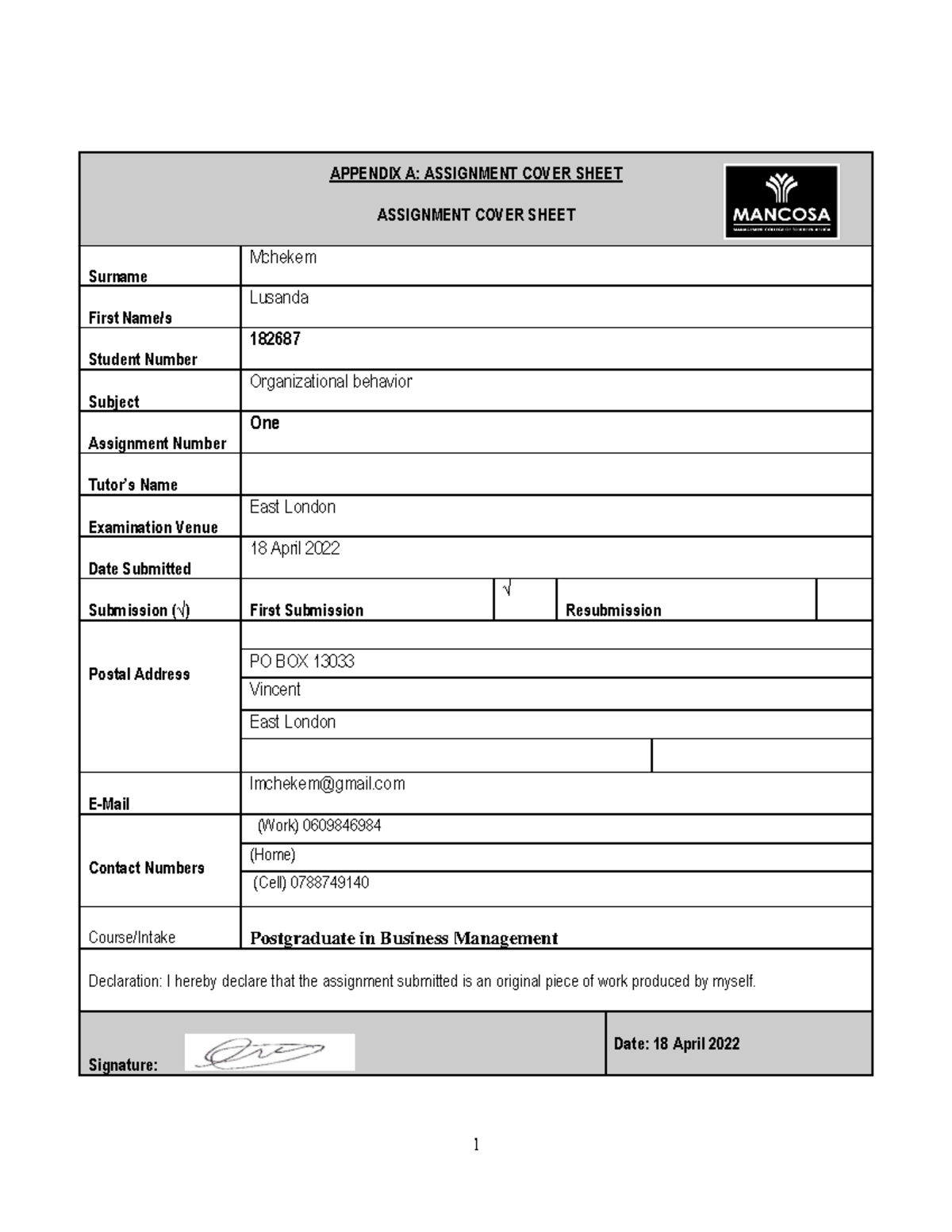 Organisational Behavior Assignment 1 - APPENDIX A: ASSIGNMENT COVER ...