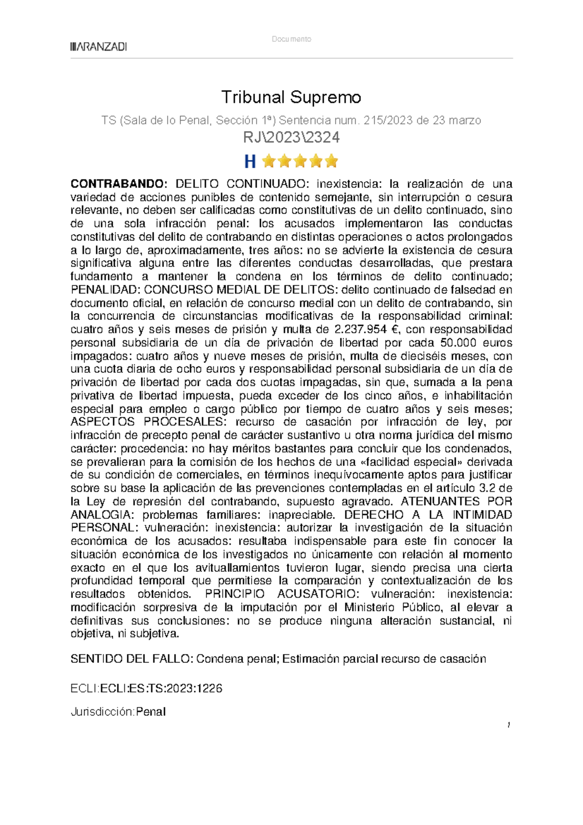 Jur TS (Sala de lo Penal, Seccion 1a) Sentencia num. 215-2023 de 23