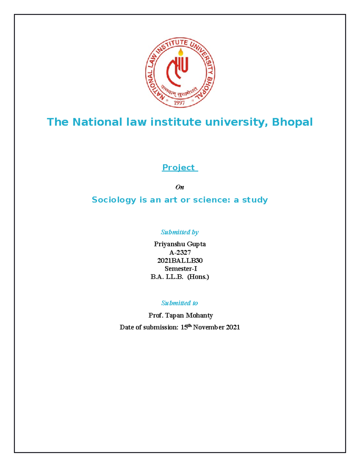 Sociology project - The National law institute university, Bhopal ...