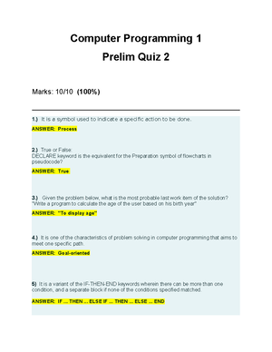 Computer Programming 1 Midterm Quiz 2 - ) Direction : True or False The ...