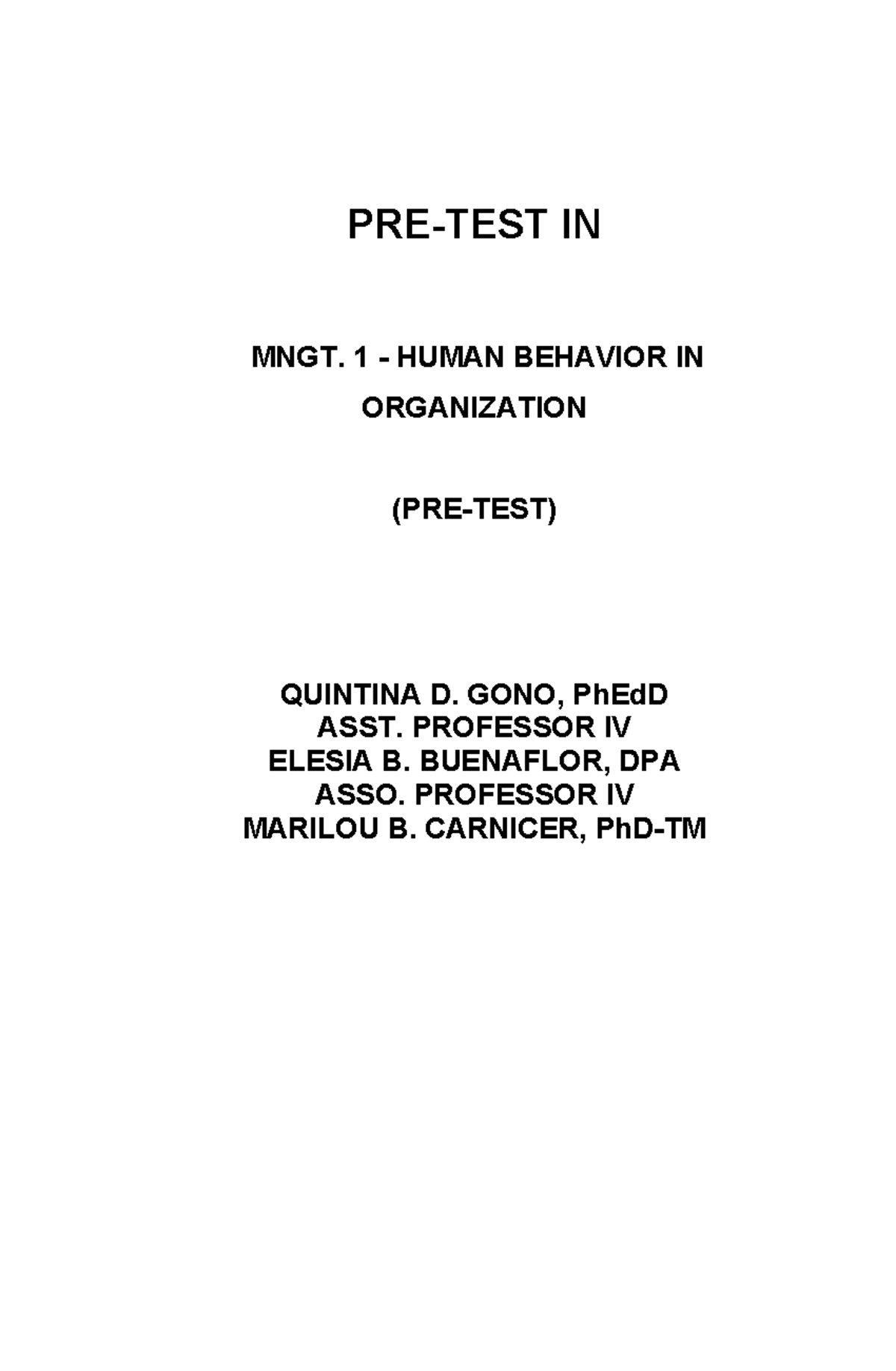 PRE TEST Self Evaluation of Modules 1 7 - PRE-TEST IN MNGT. 1 - HUMAN ...