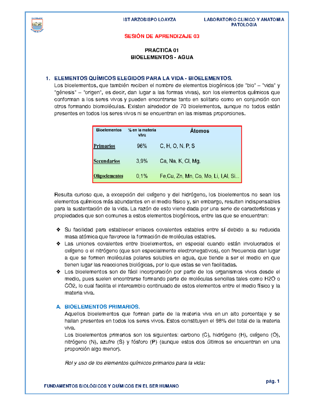 biologia BIOELEMENTOS - AGUA - PATOLOGIA pág. 1 SESIÓN DE APRENDIZAJE ...
