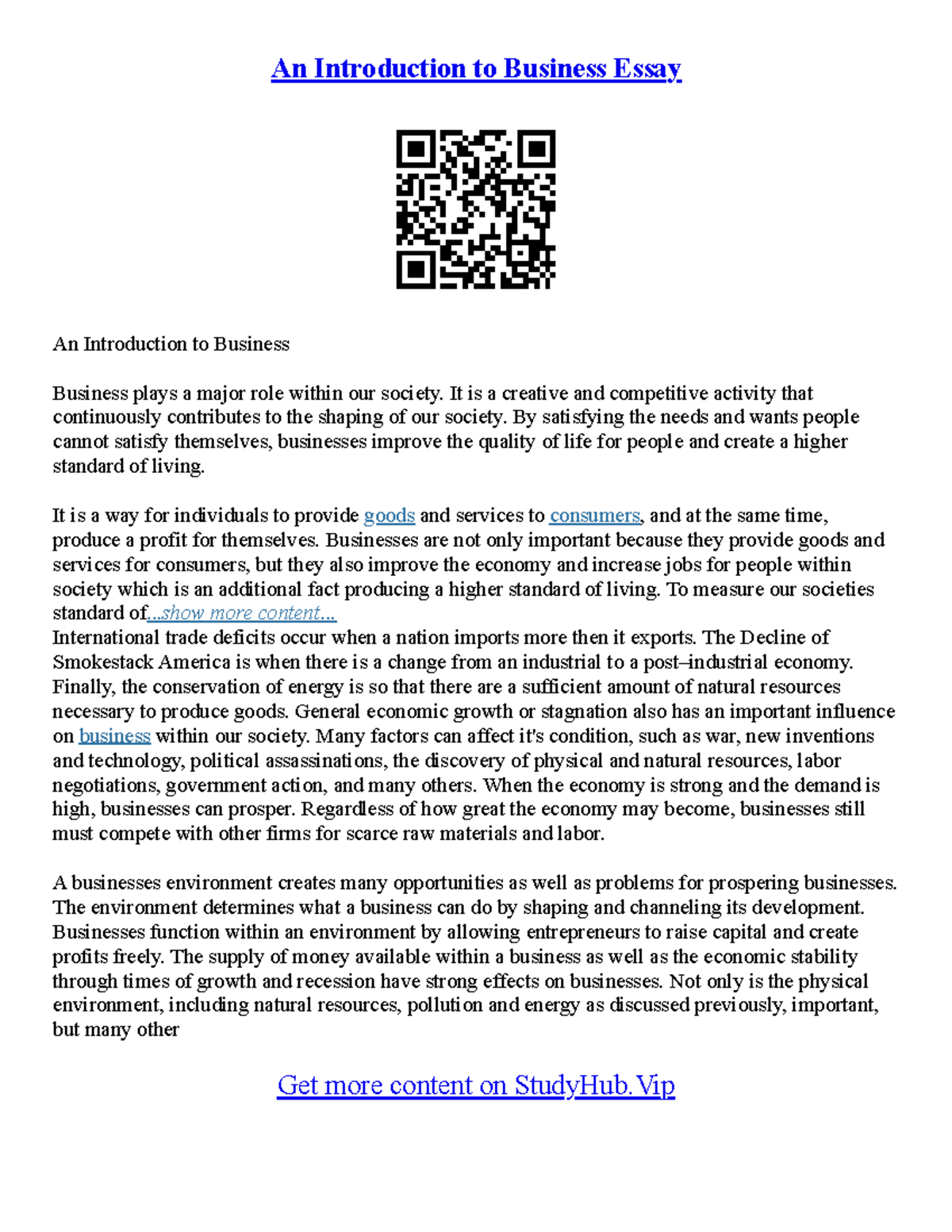 Intros To Essays - An Introduction to Business Essay An Introduction to ...