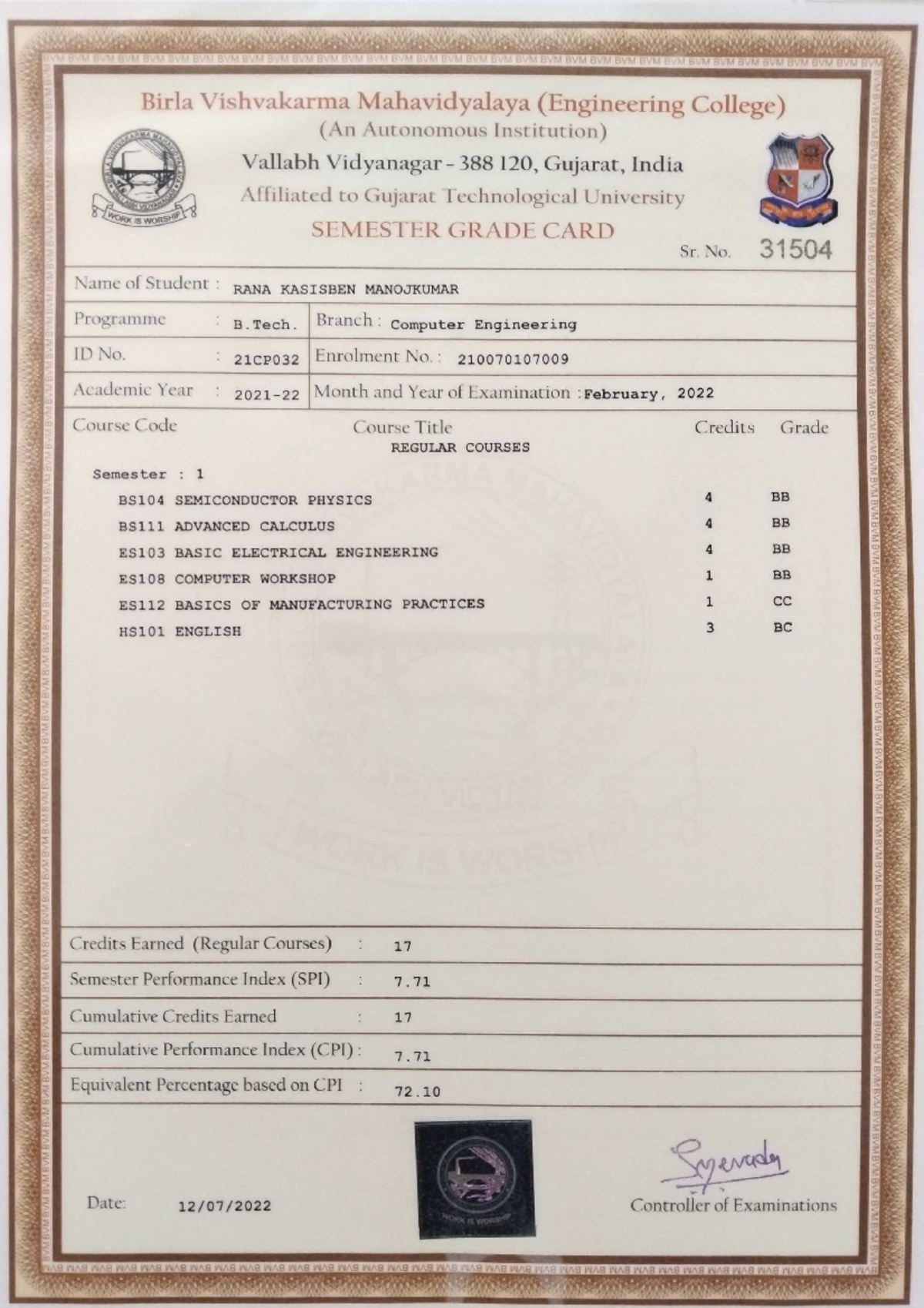 1st sem marksheet - Nothing - BE computer engineering - Studocu